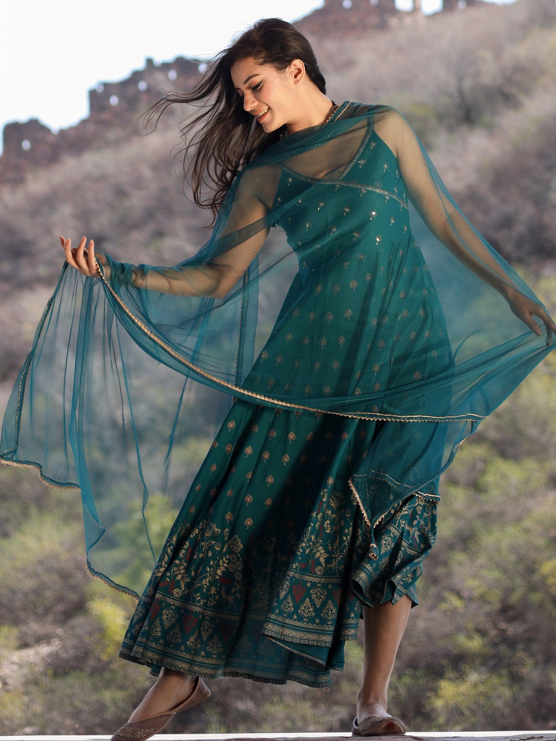  Rama green Rayon Shoulder Strip Anarkali Kurta with Net Dupatta - world.com