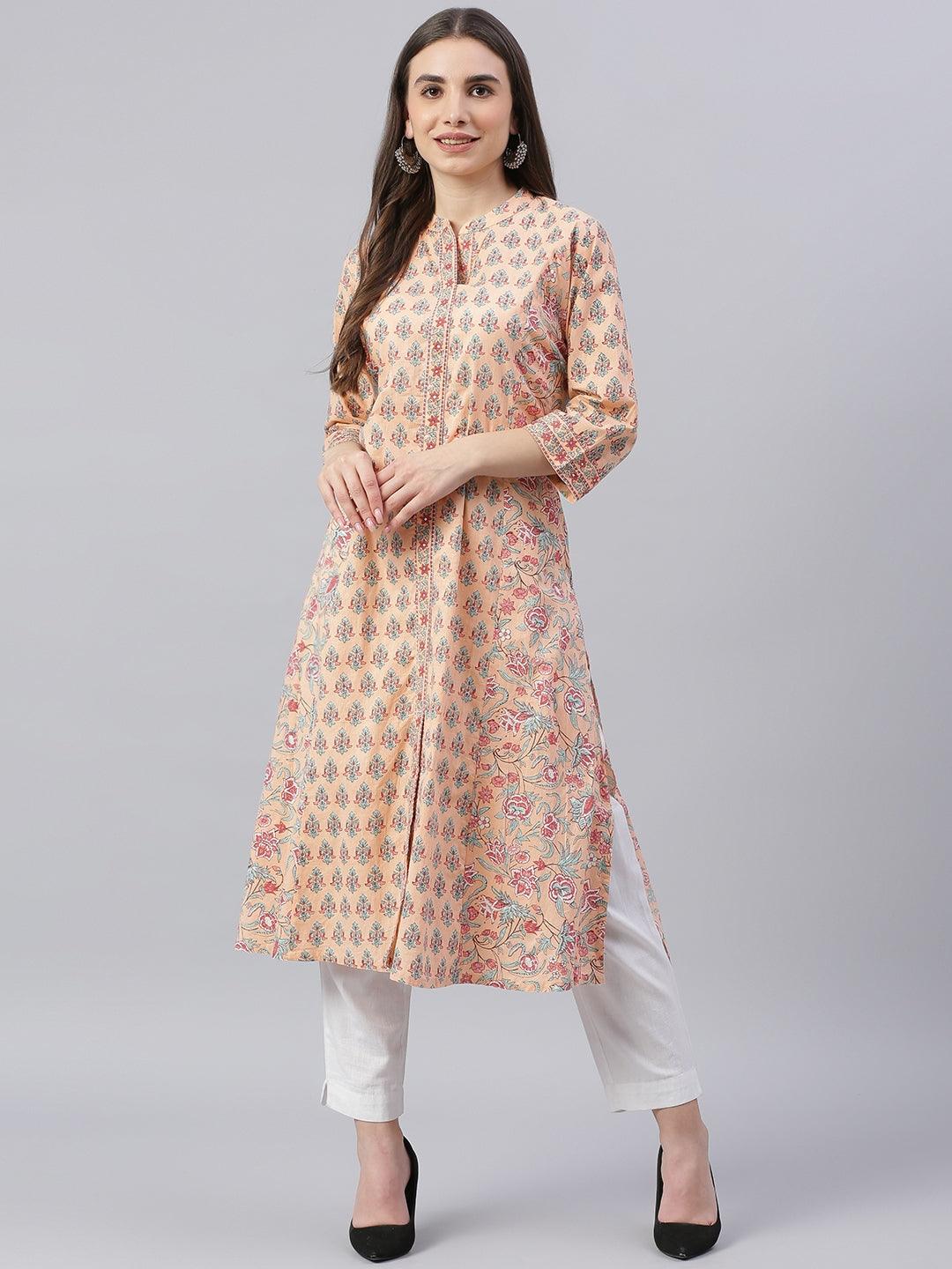   Peach Cotton A-line Kurta -  world