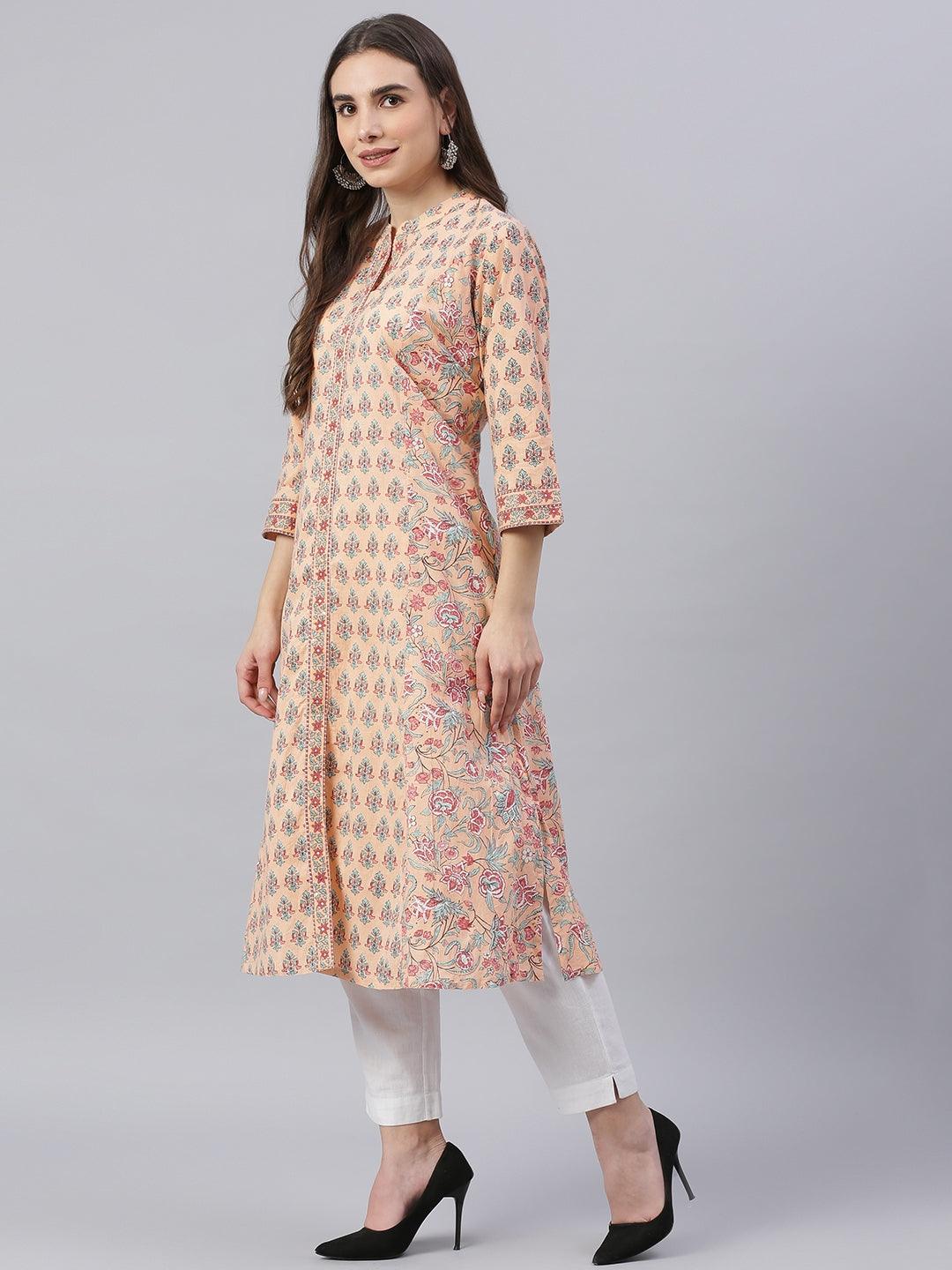   Peach Cotton A-line Kurta -  world
