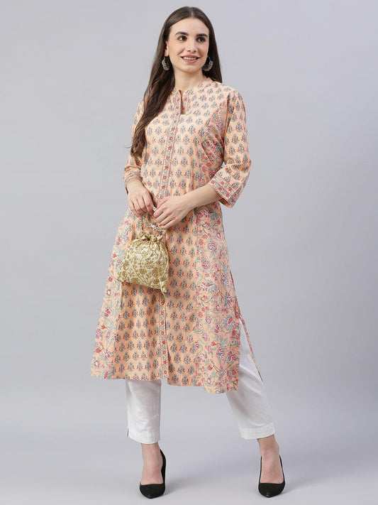   Peach Cotton A-line Kurta -  world