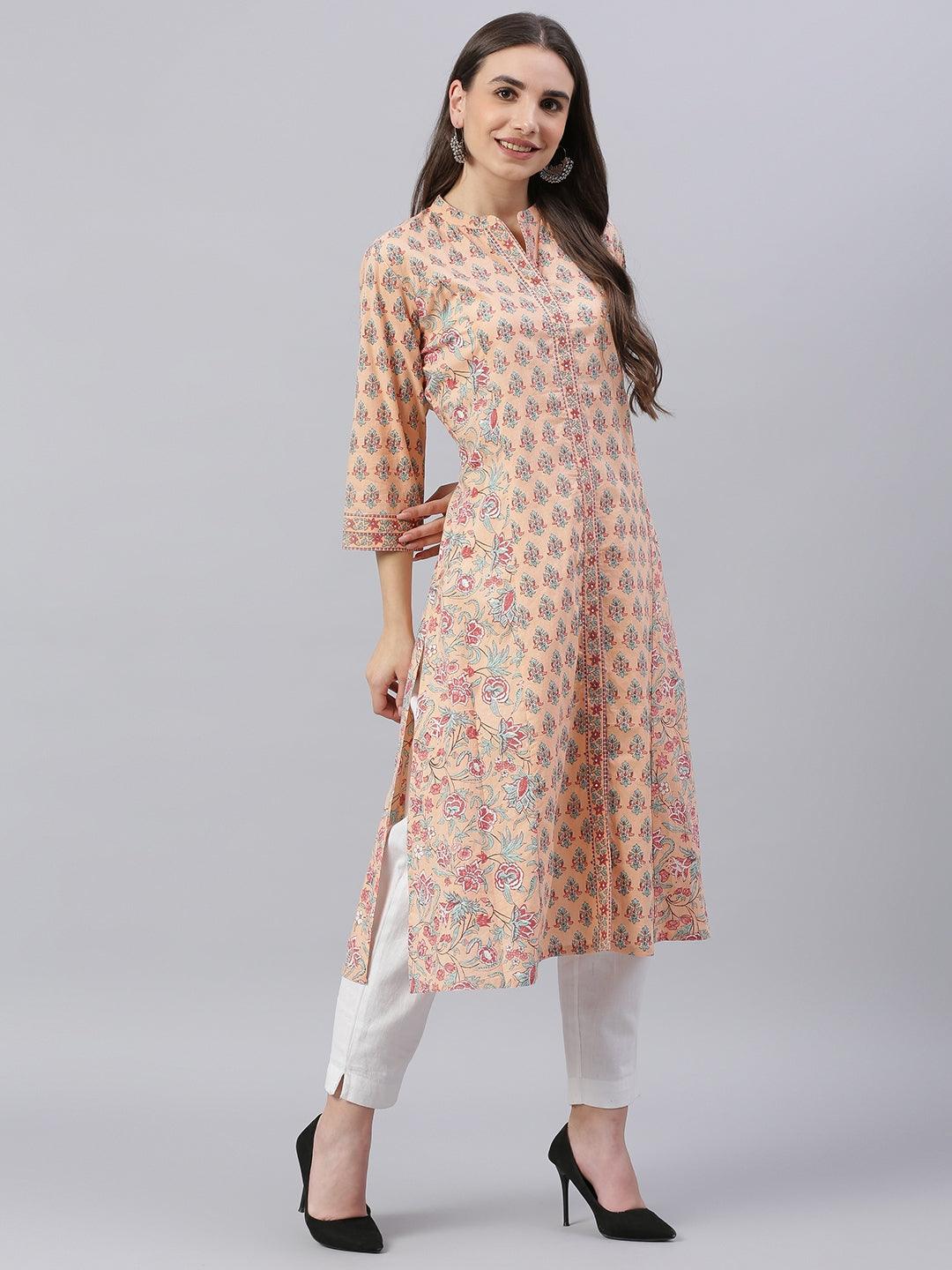   Peach Cotton A-line Kurta -  world