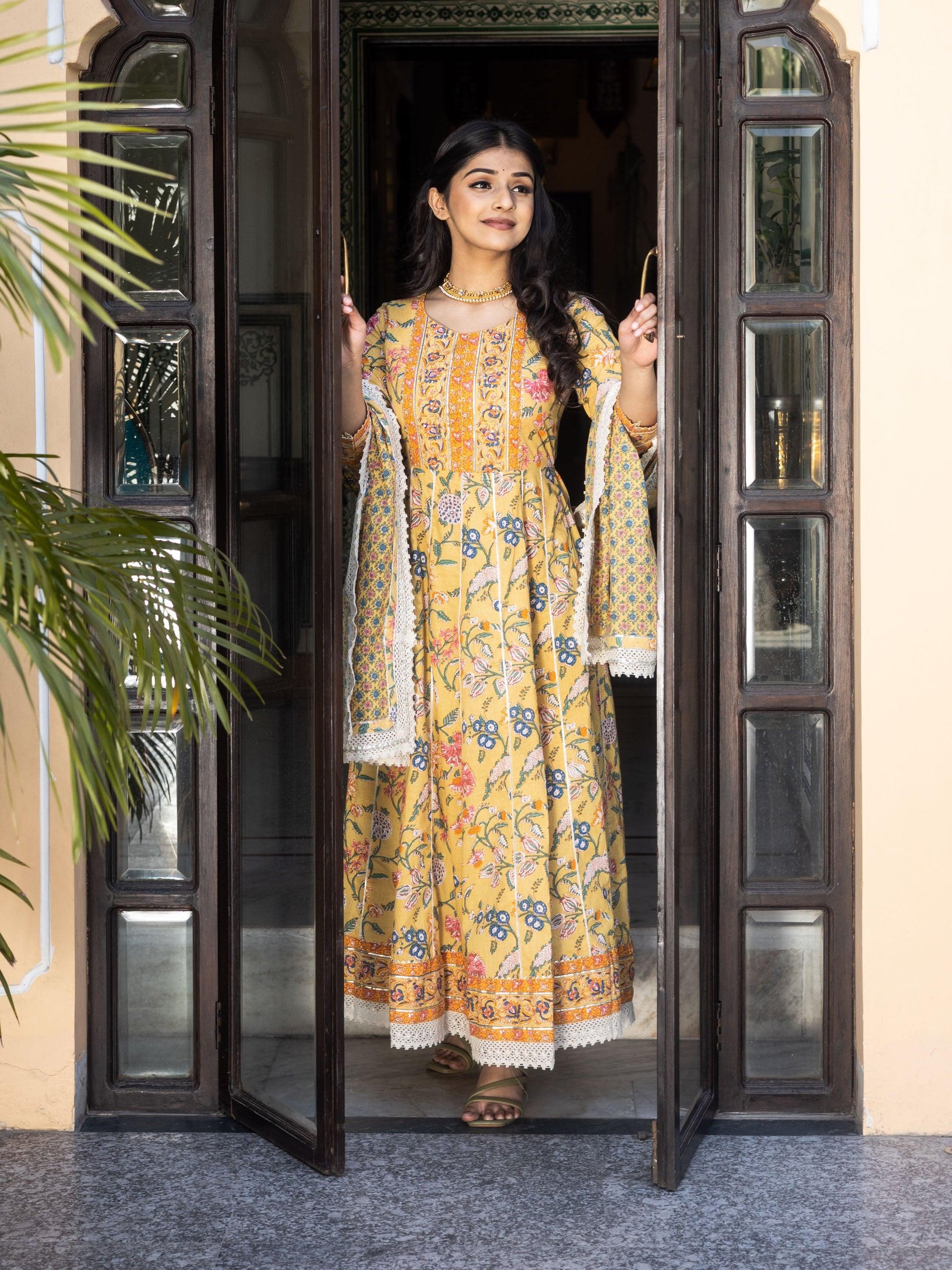  Yellow Floral anarkali Pant Set with Dupatta - world.com