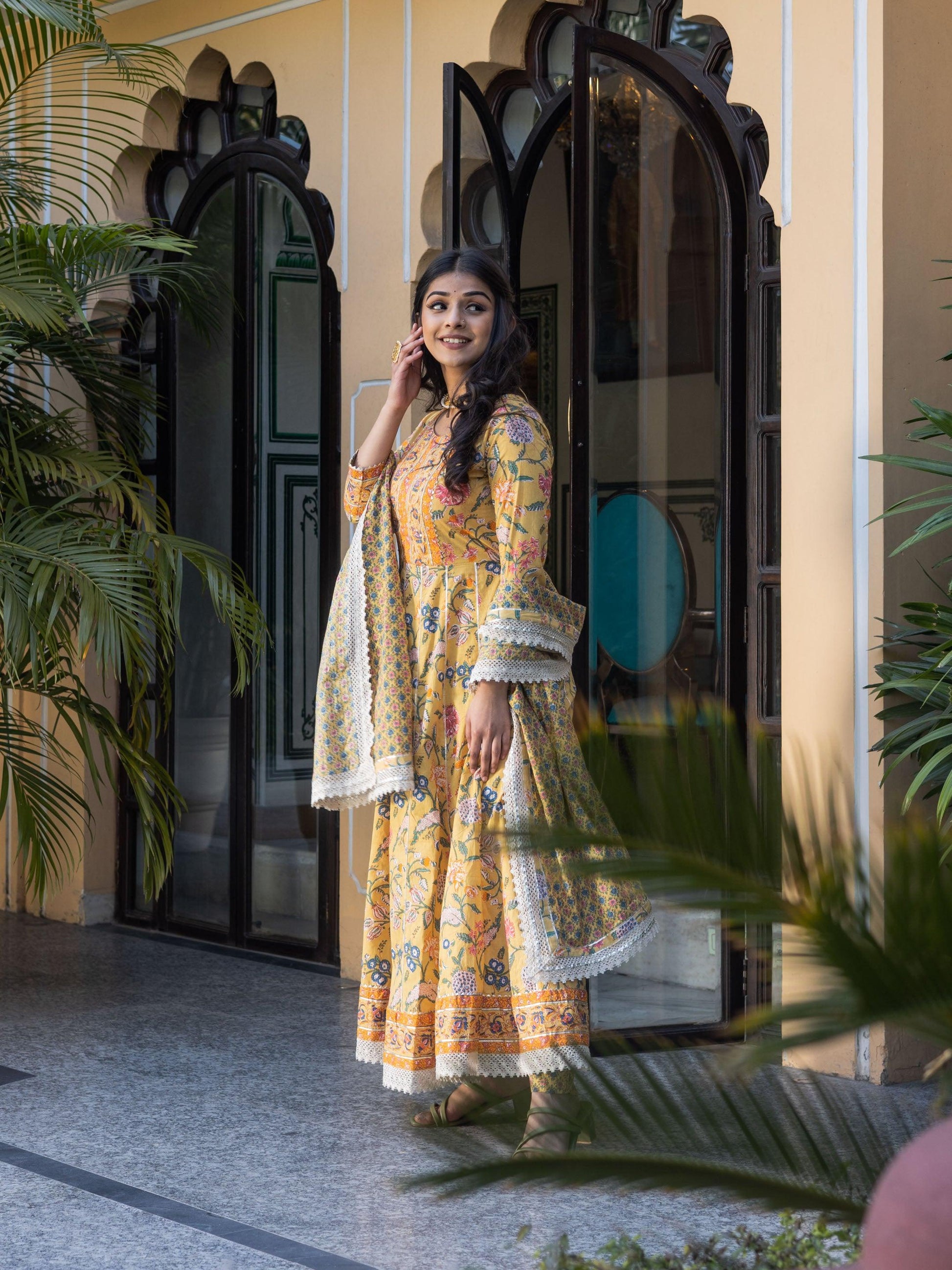  Yellow Floral anarkali Pant Set with Dupatta - world.com