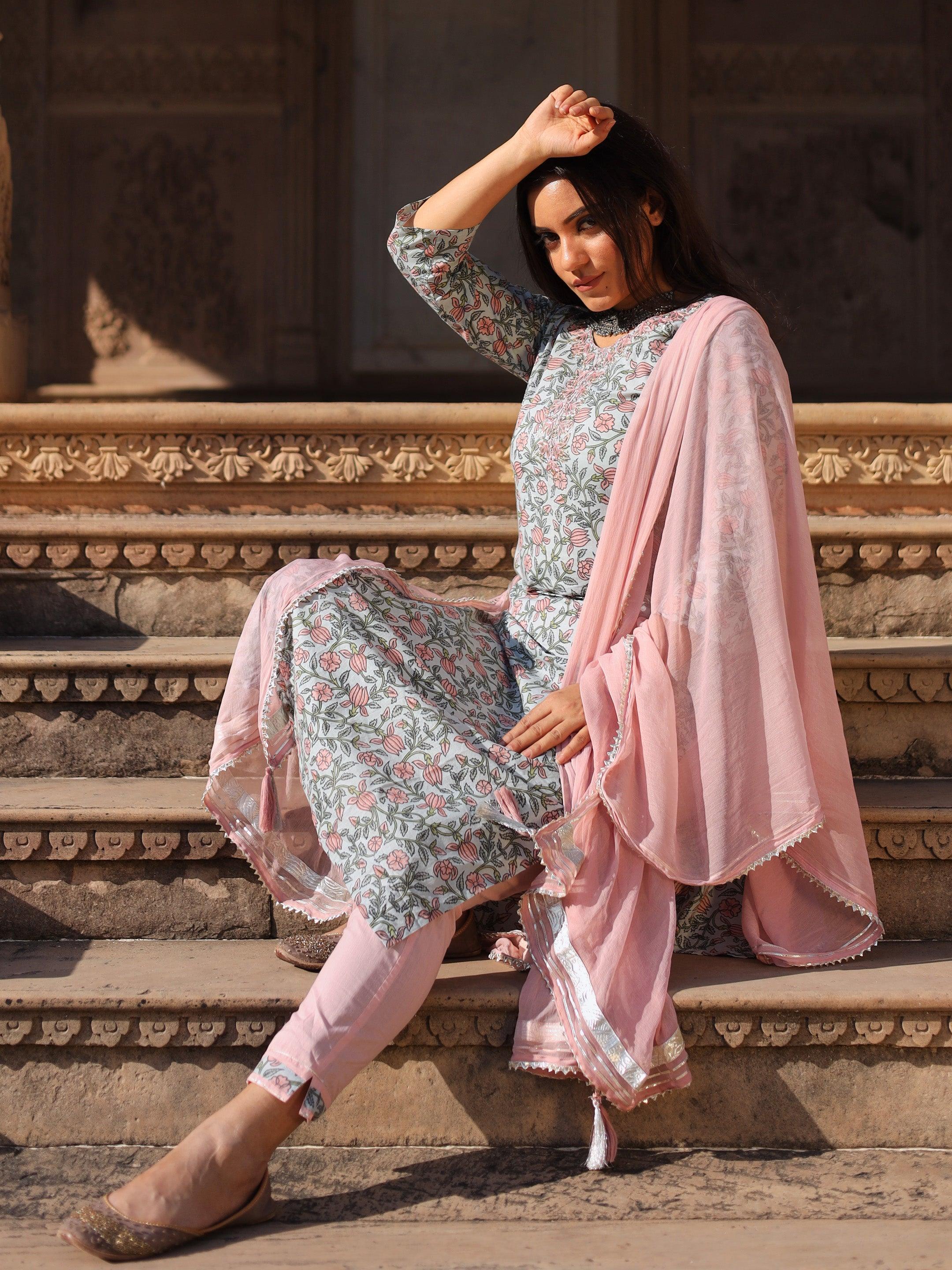  Pastel Blue Floral straight Cotton Kurta Pant set with Dupatta - world.com