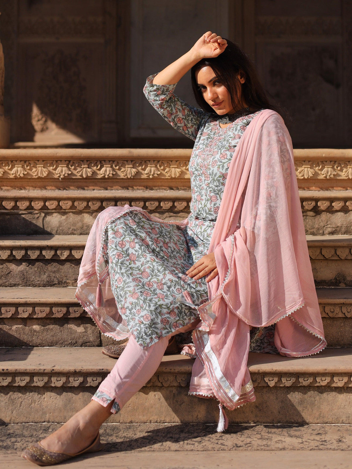  Pastel Blue Floral straight Cotton Kurta Pant set with Dupatta - world.com