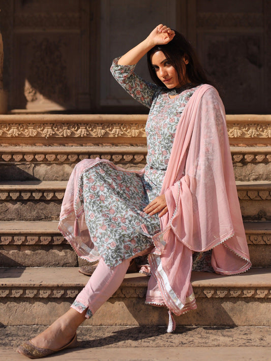  Pastel Blue Floral straight Cotton Kurta Pant set with Dupatta - world.com