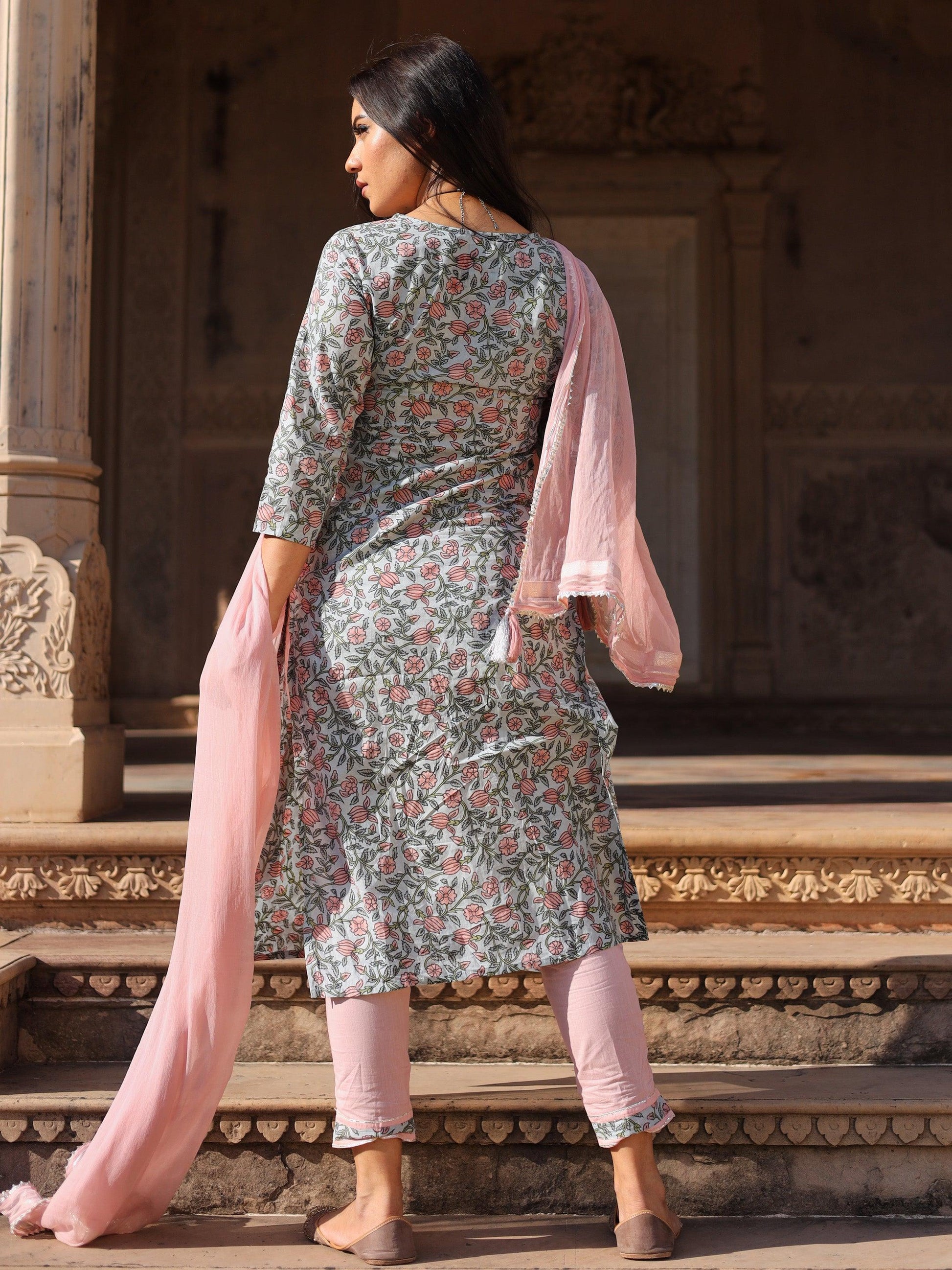  Pastel Blue Floral straight Cotton Kurta Pant set with Dupatta - world.com