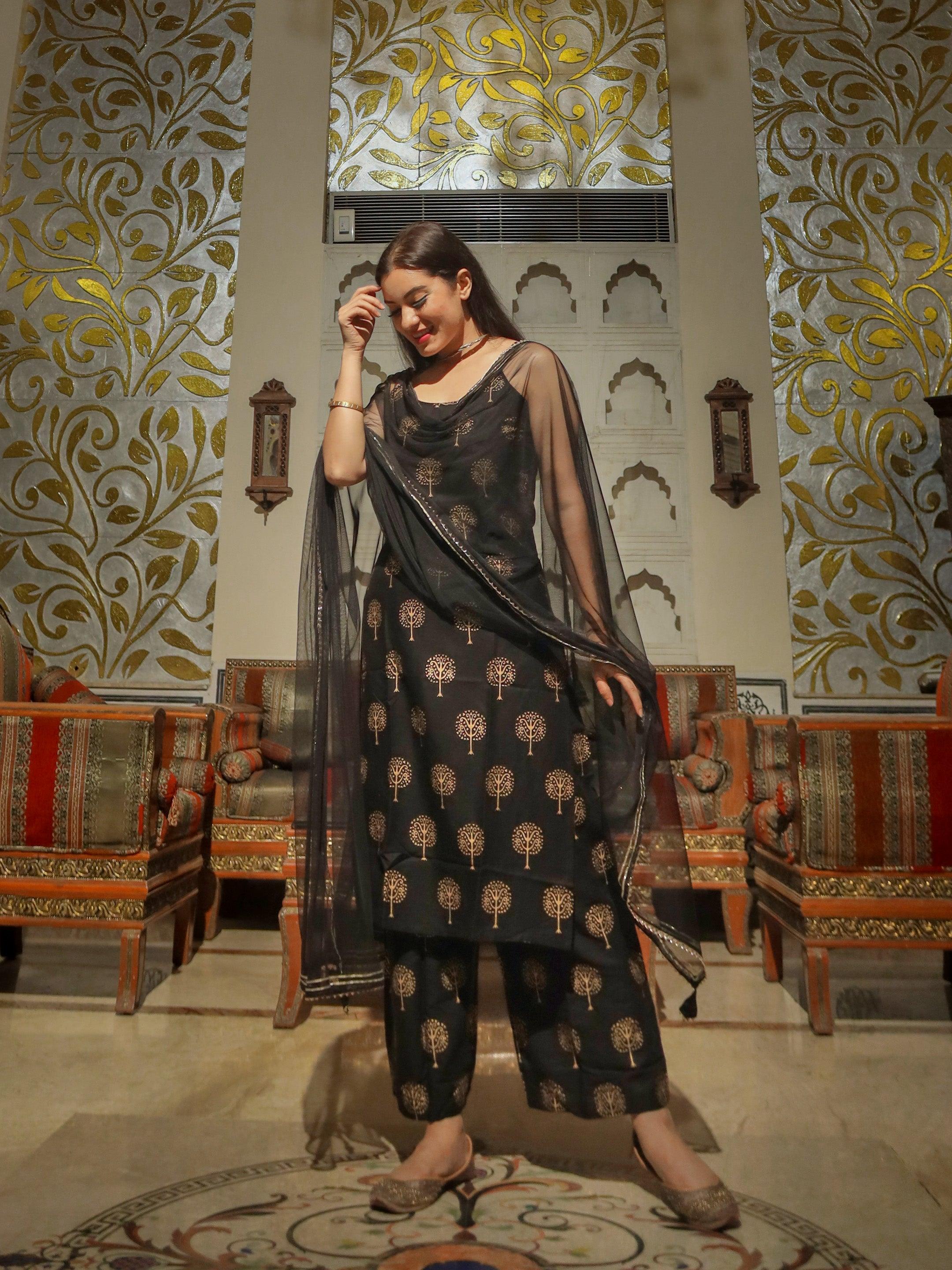  Black shoulder strip Kurta Palazoo set with net Dupatta - world.com