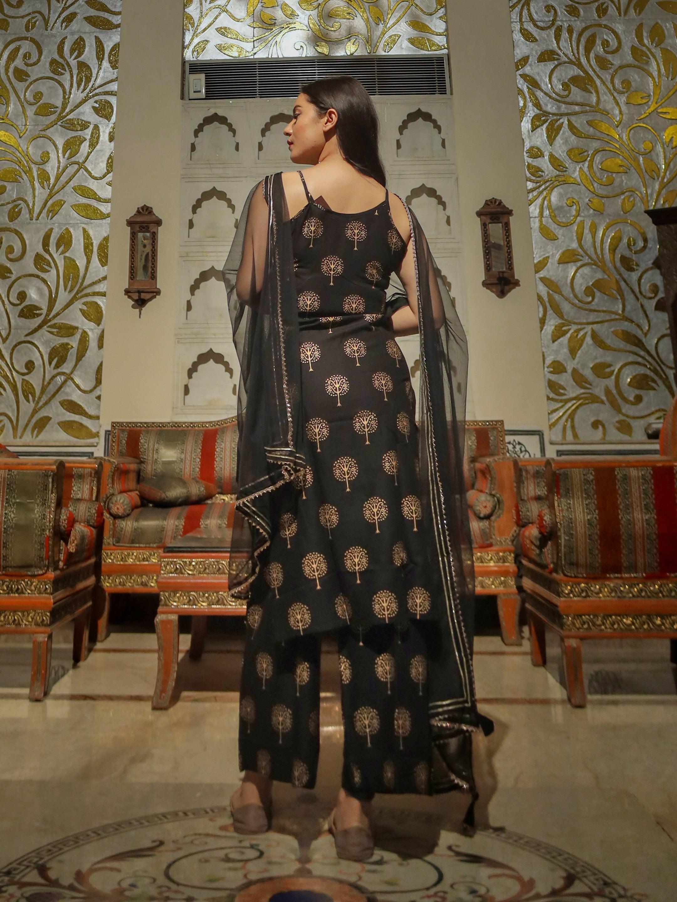  Black shoulder strip Kurta Palazoo set with net Dupatta - world.com