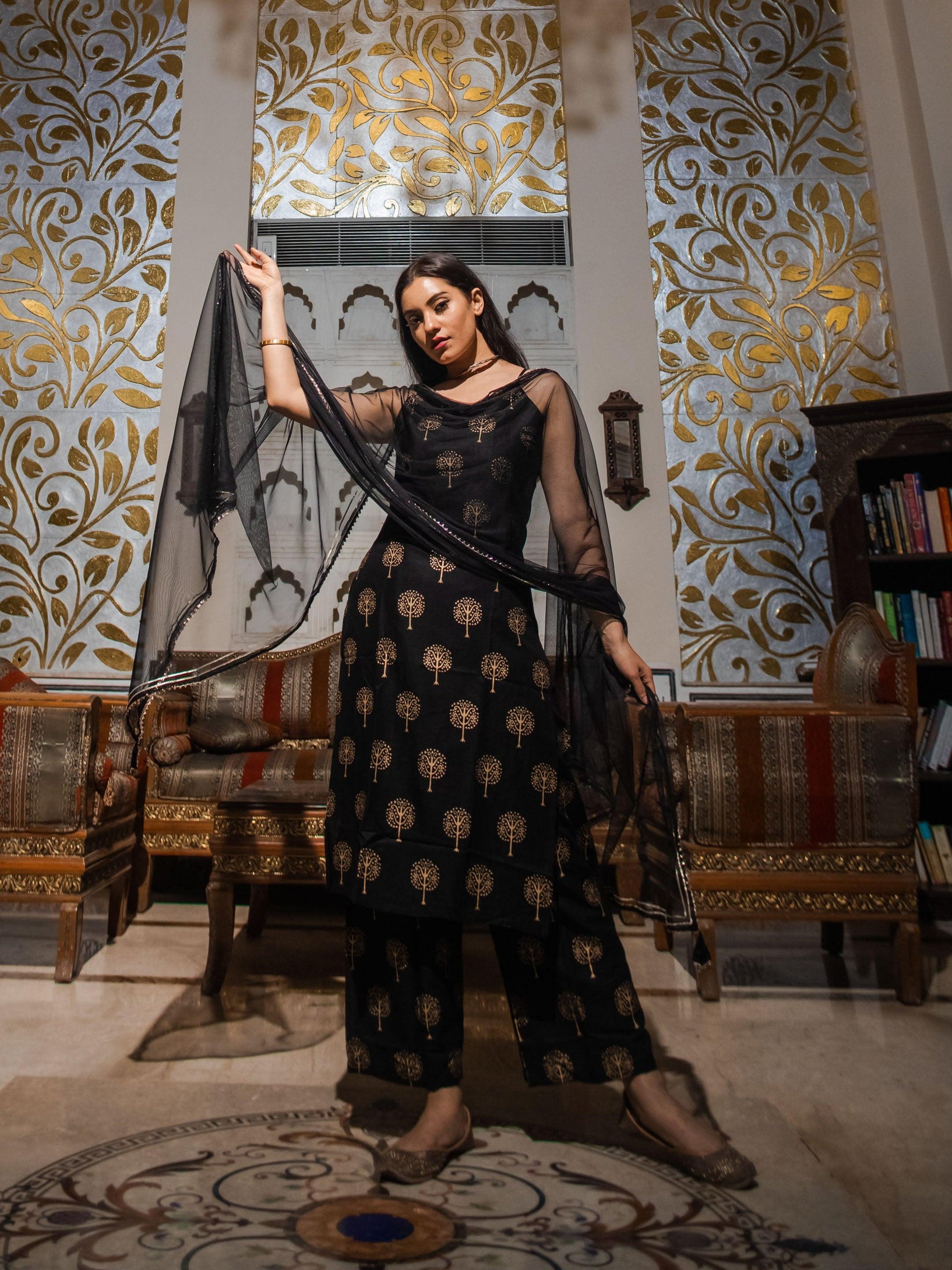  Black shoulder strip Kurta Palazoo set with net Dupatta - world.com