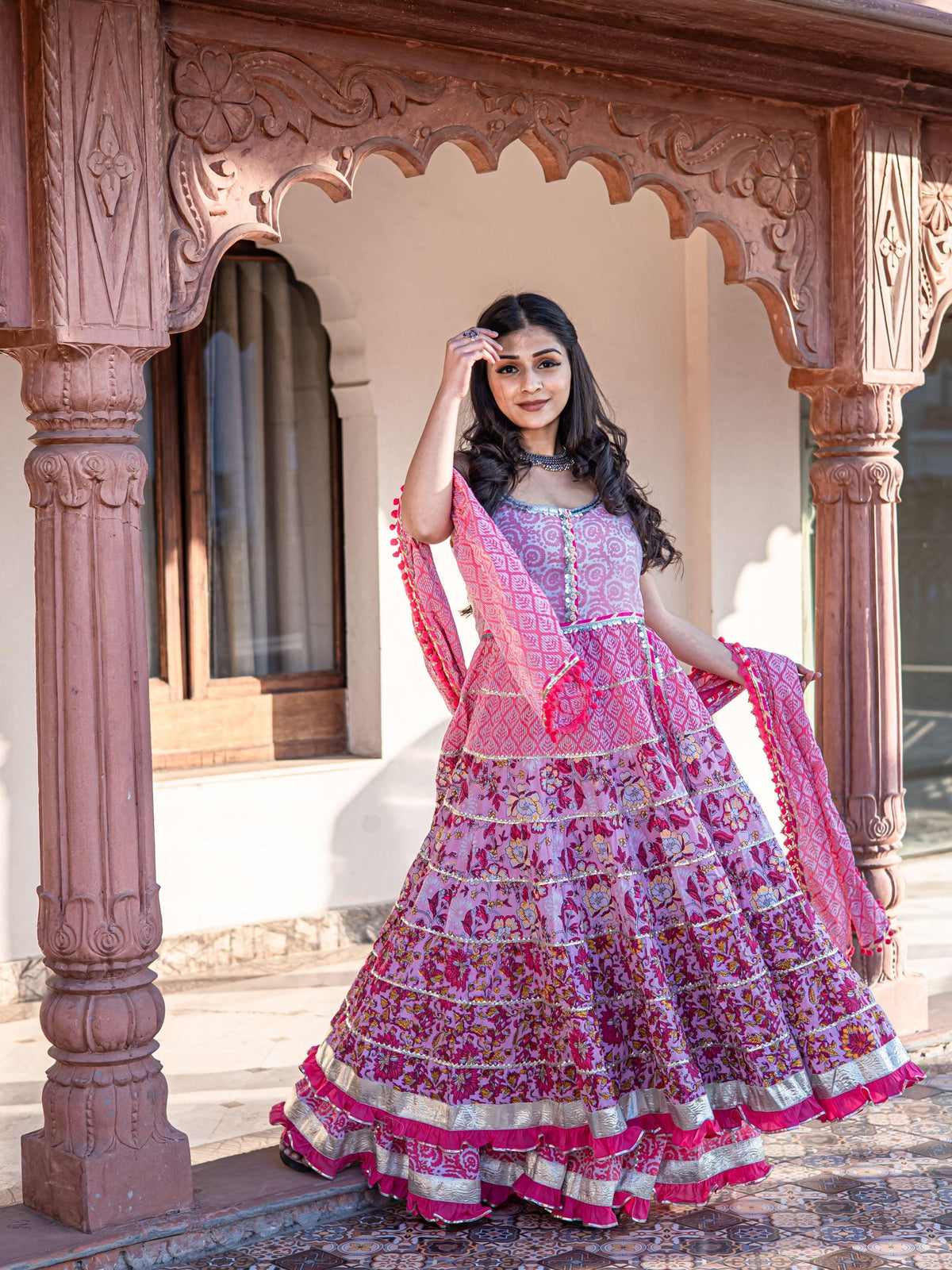  Pink Cotton Sleeves less Anarkali Sharara set with Dupatta - world.com