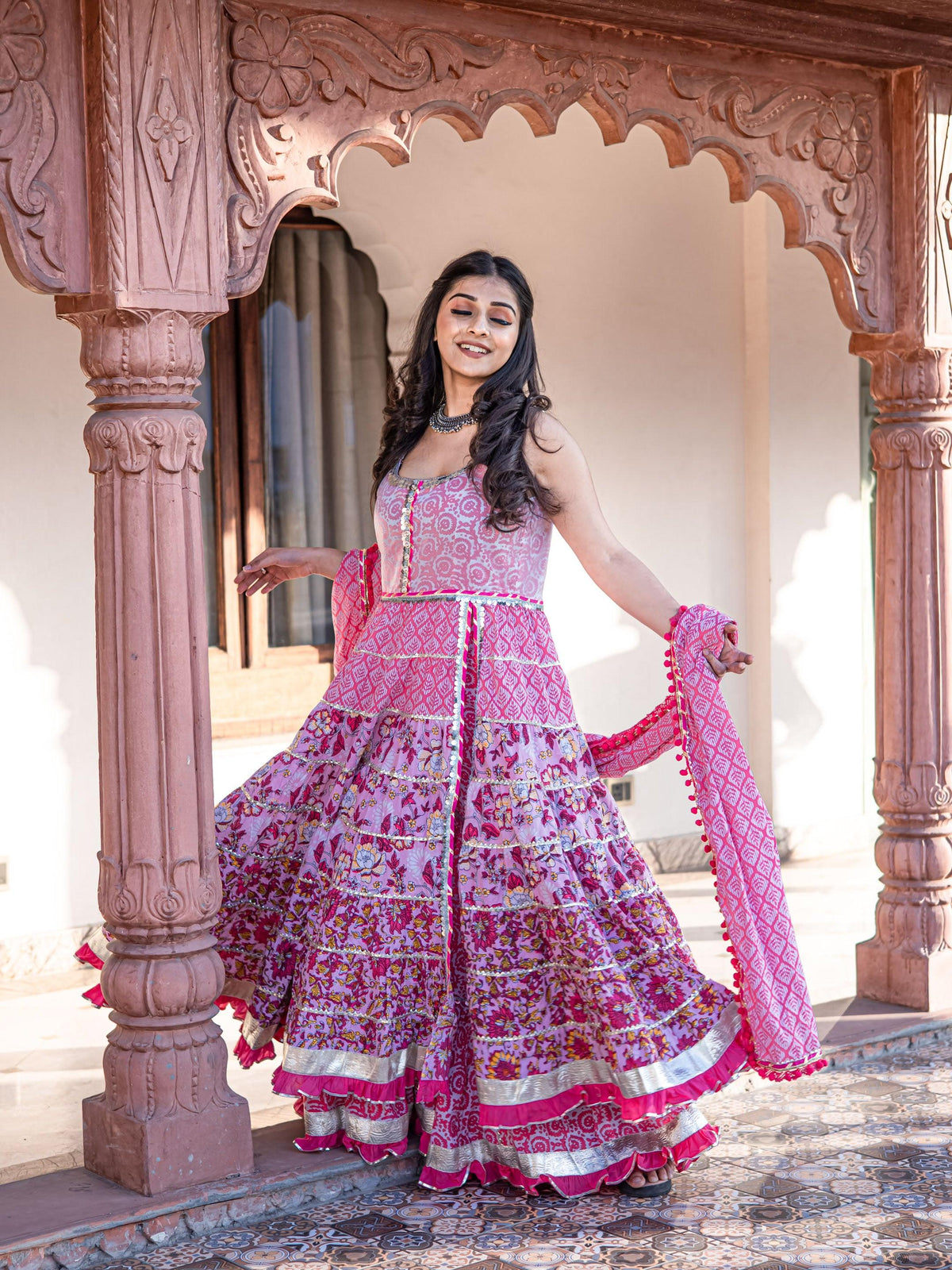  Pink Cotton Sleeves less Anarkali Sharara set with Dupatta - world.com