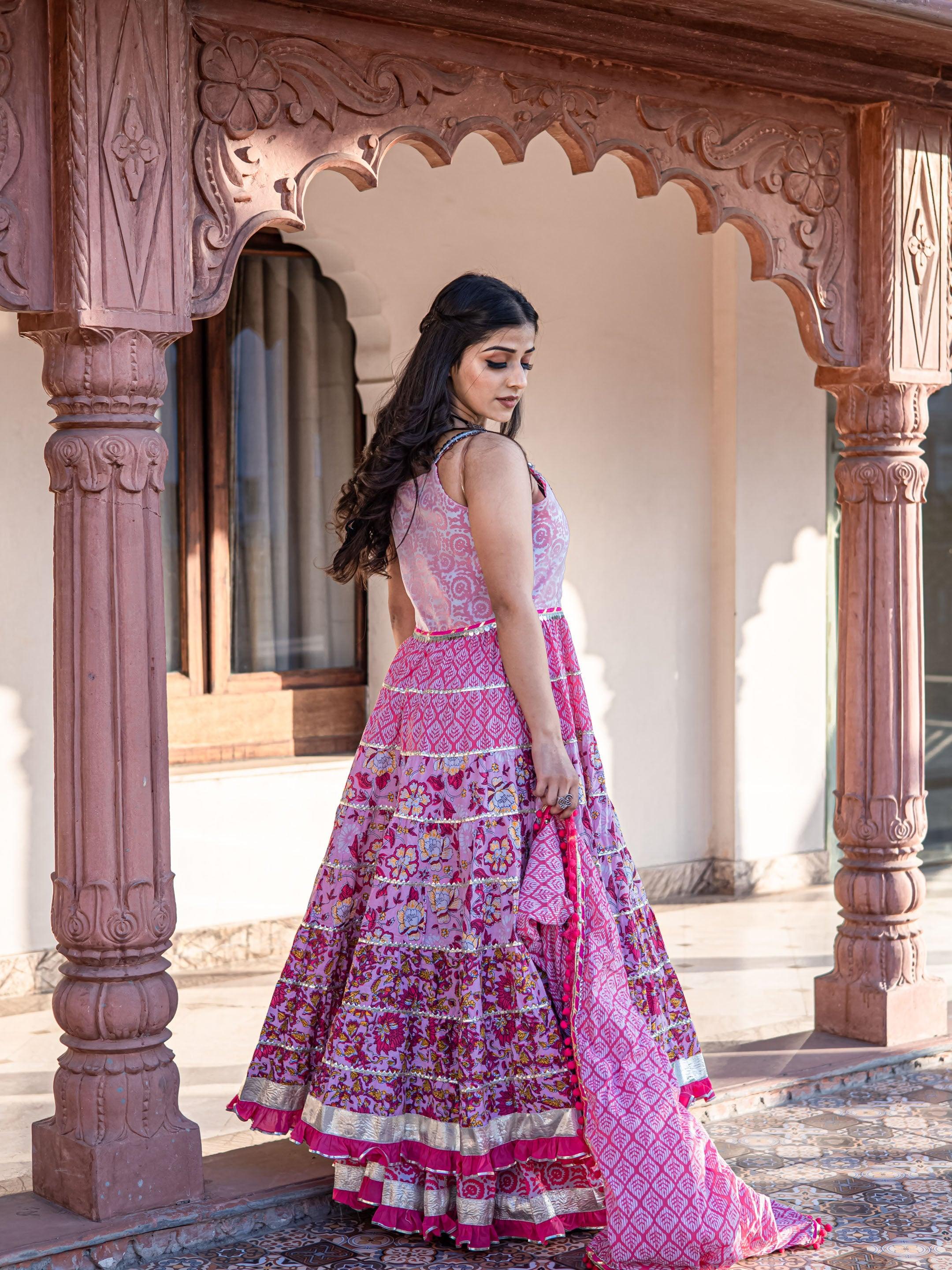  Pink Cotton Sleeves less Anarkali Sharara set with Dupatta - world.com