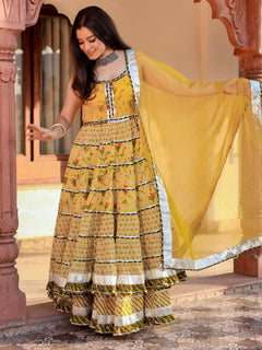 Yellow Cotton Sleeves less anarkali Skirt Set With Dupatta