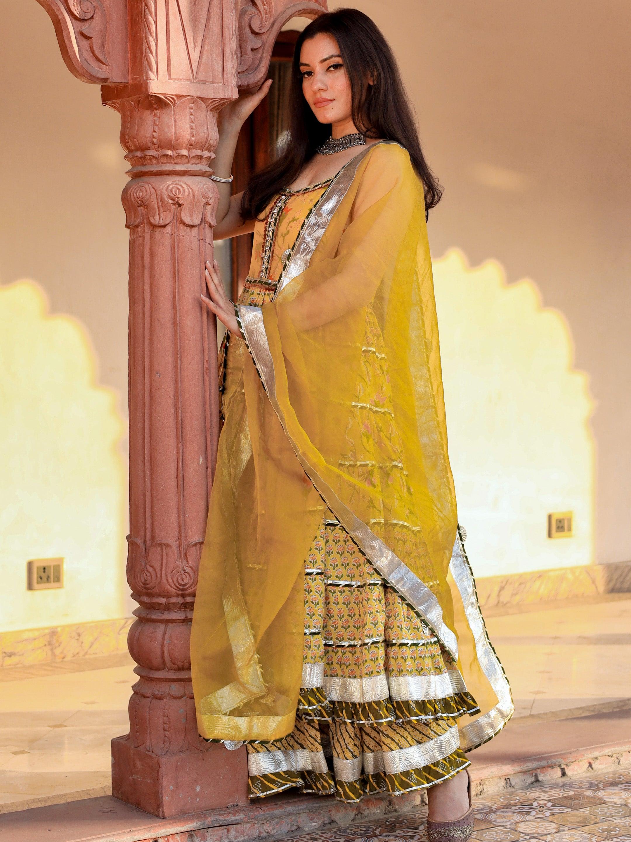  Yellow Cotton Sleeves less anarkali Skirt Set With Dupatta - world.com