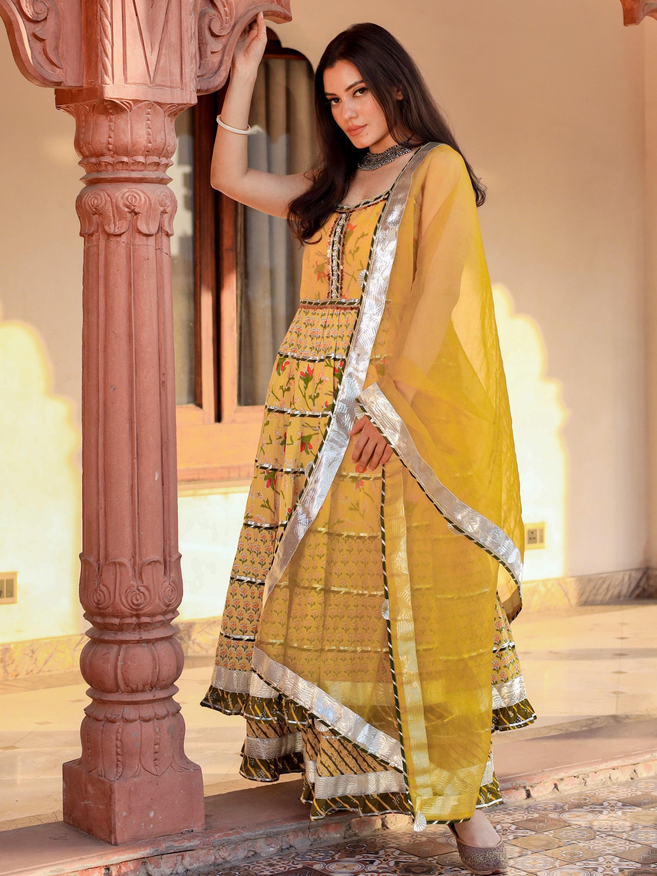  Yellow Cotton Sleeves less anarkali Skirt Set With Dupatta - world.com