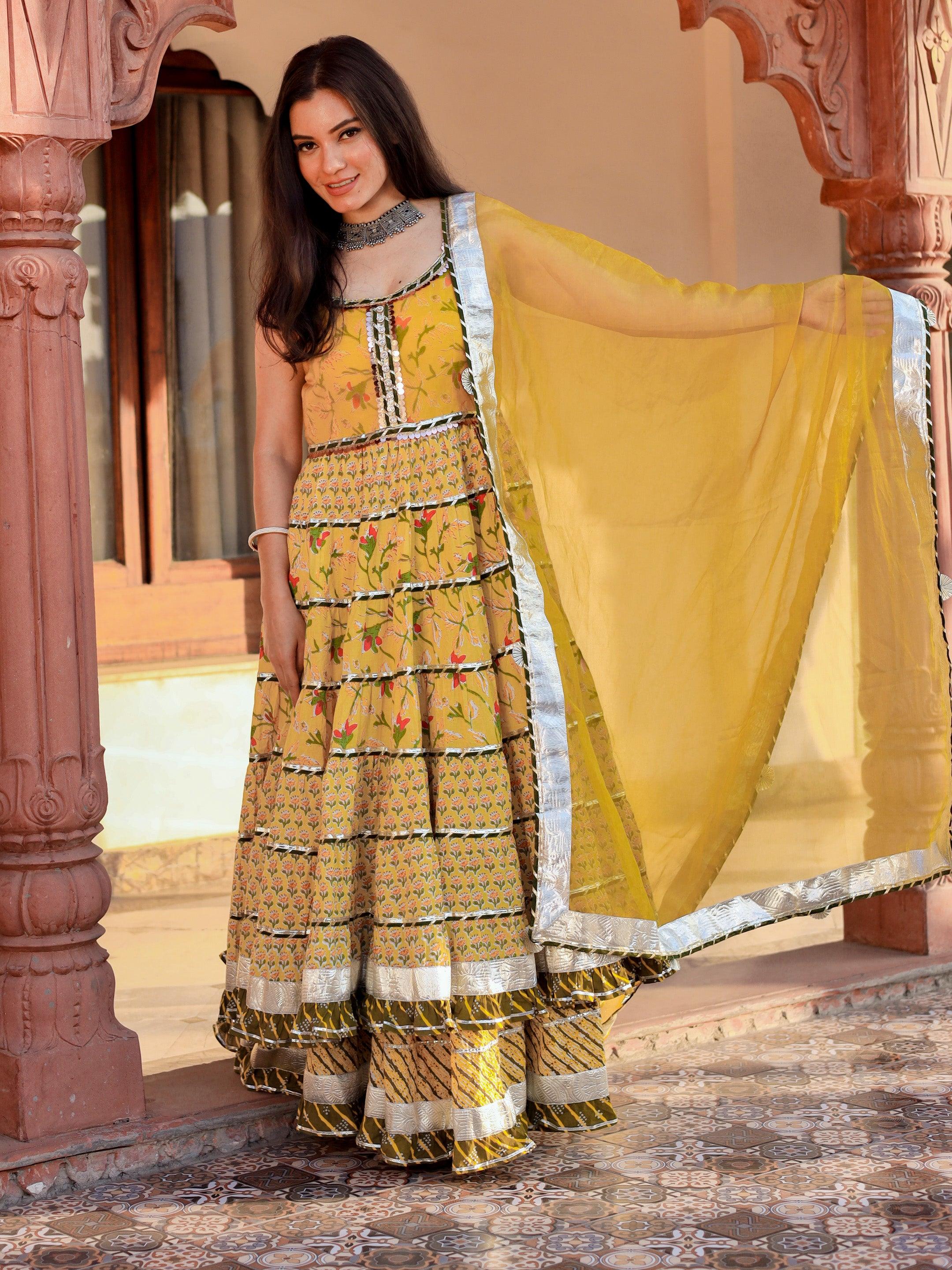  Yellow Cotton Sleeves less anarkali Skirt Set With Dupatta - world.com