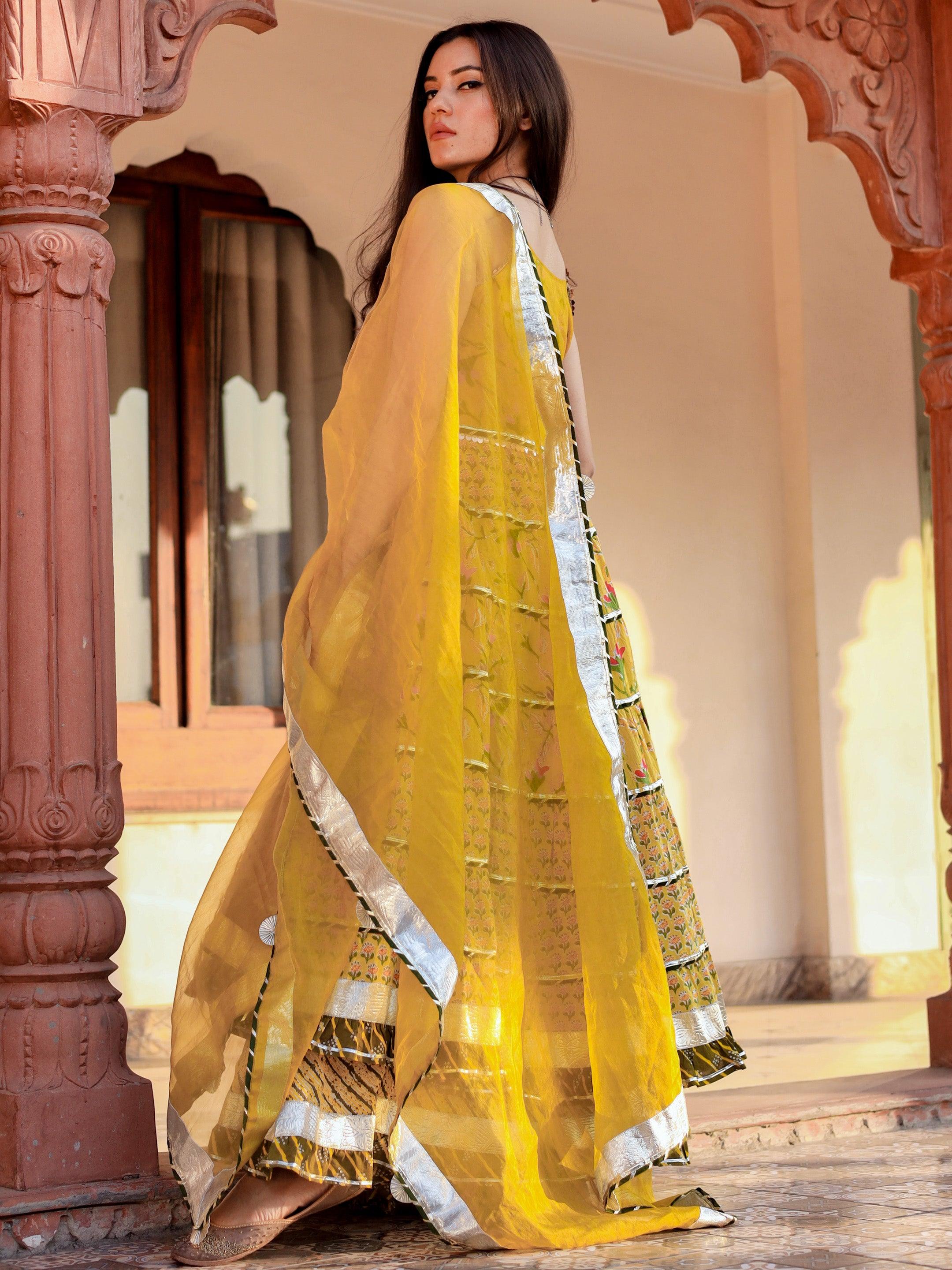 Yellow Cotton Sleeves less anarkali Skirt Set With Dupatta - world.com