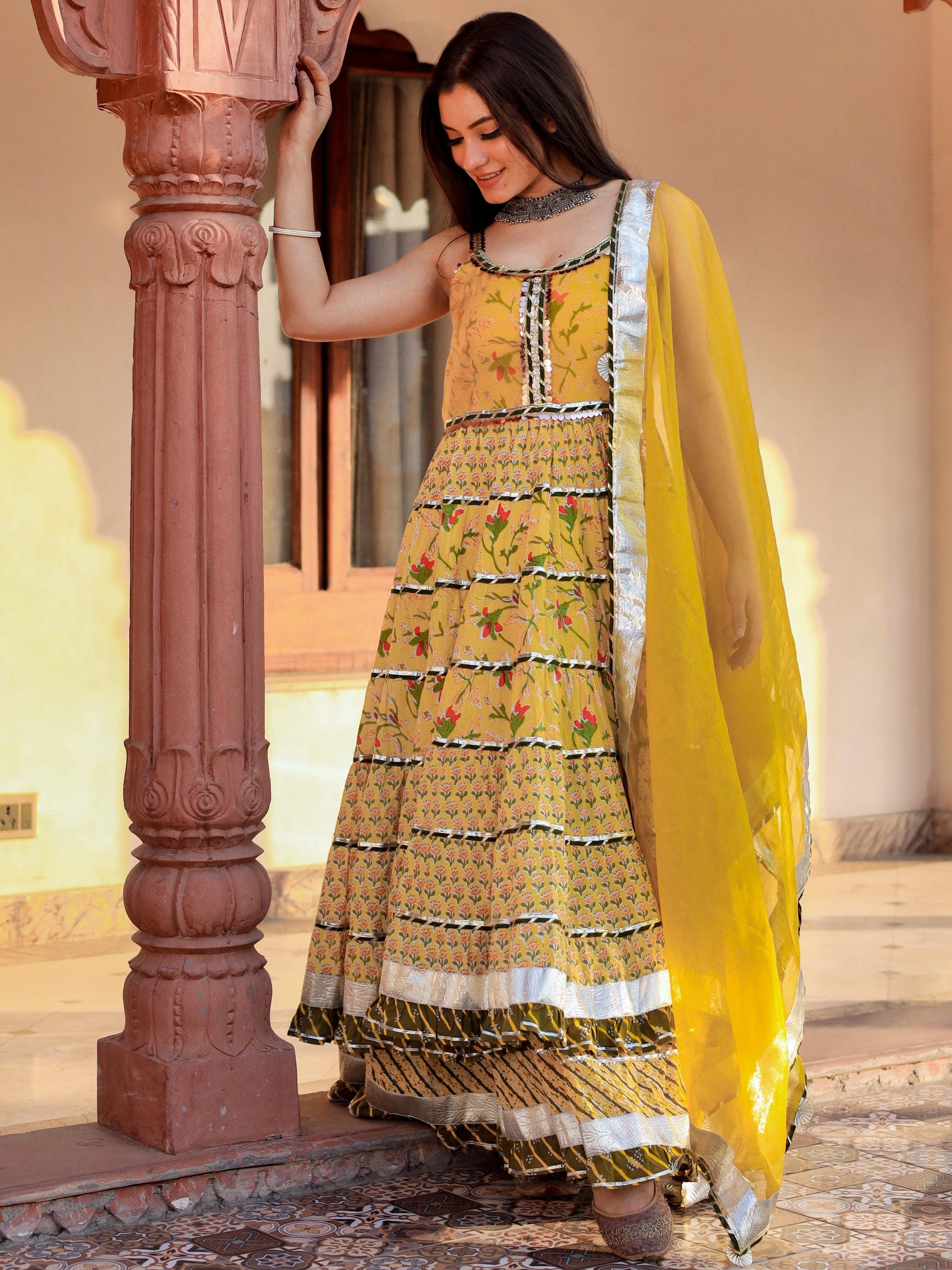  Yellow Cotton Sleeves less anarkali Skirt Set With Dupatta - world.com