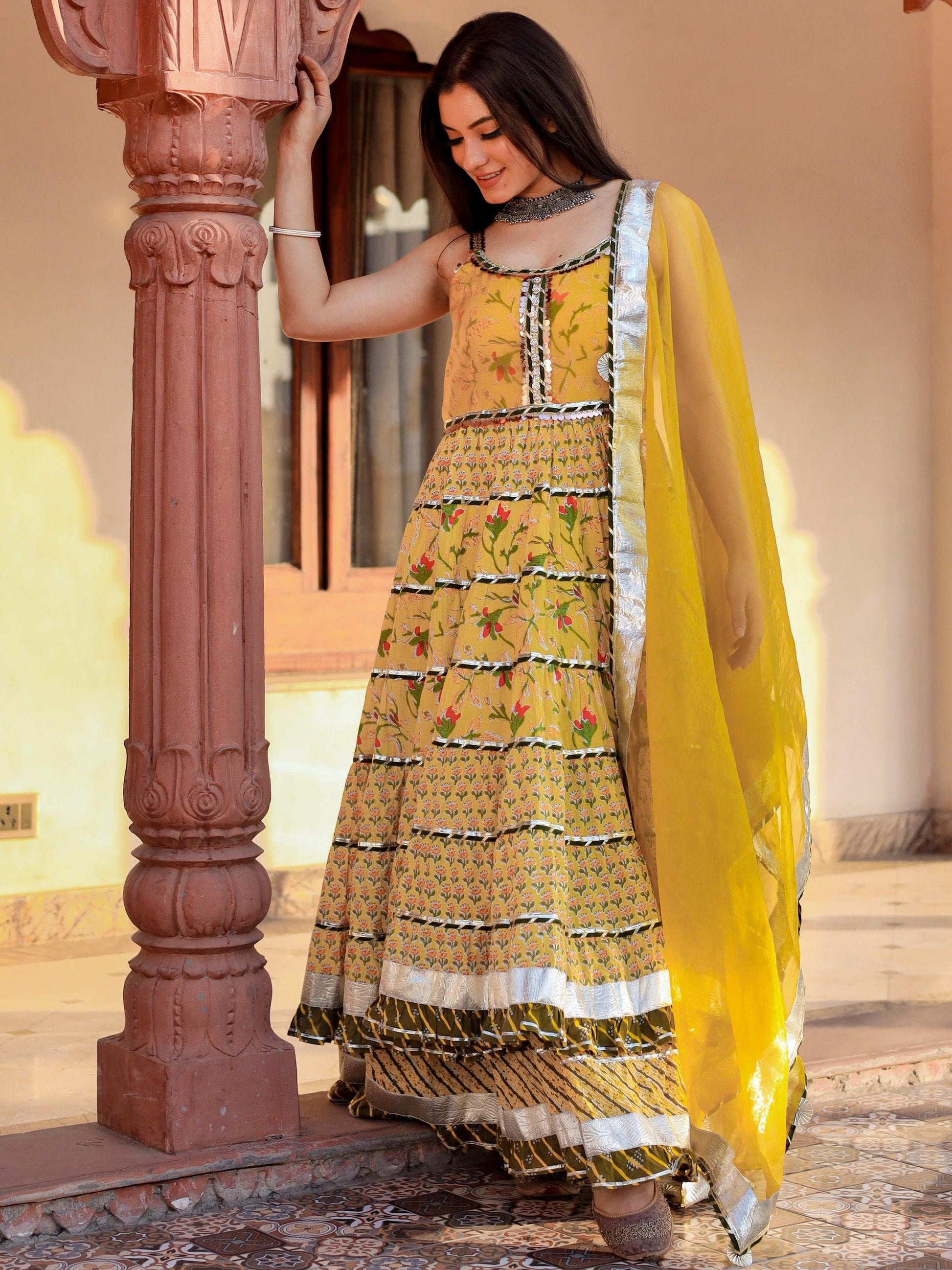  Yellow Cotton Sleeves less anarkali Skirt Set With Dupatta - world.com