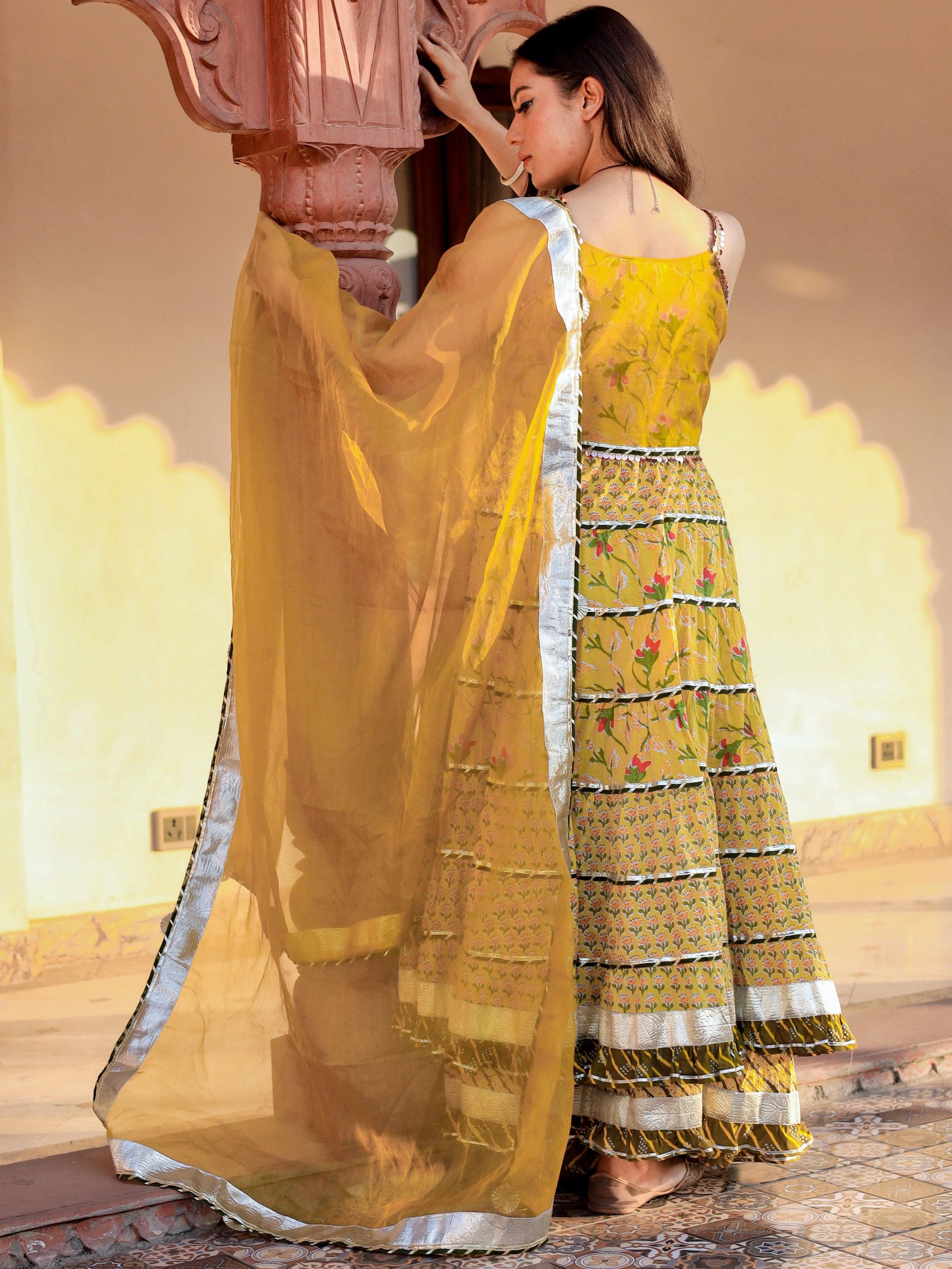  Yellow Cotton Sleeves less anarkali Skirt Set With Dupatta - world.com