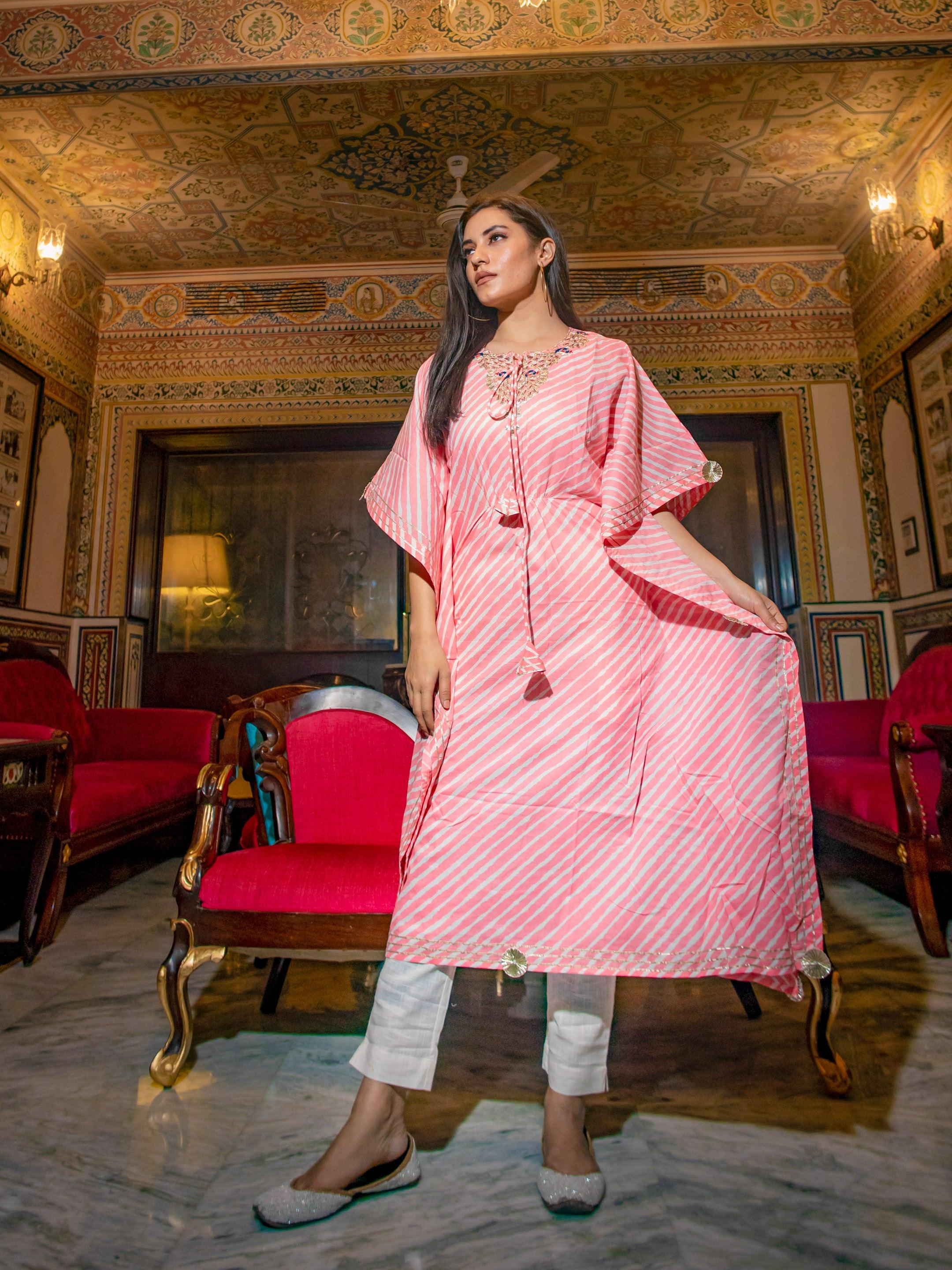  Baby Pink Cotton Laheriya Kaftan - world.com