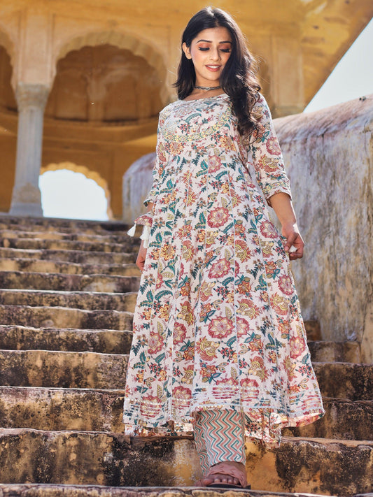  Off white Cotton Anarkali Kurta Pant Set - world.com