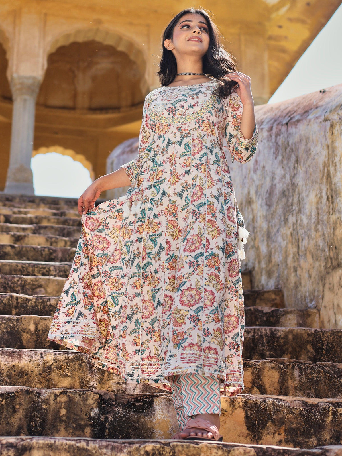  Off white Cotton Anarkali Kurta Pant Set - world.com