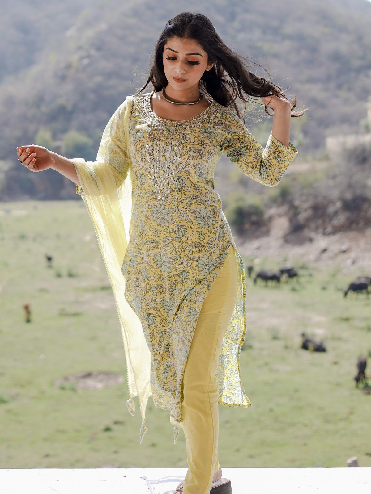  yellow Cotton Straight Kurta pant set with dupatta - world.com