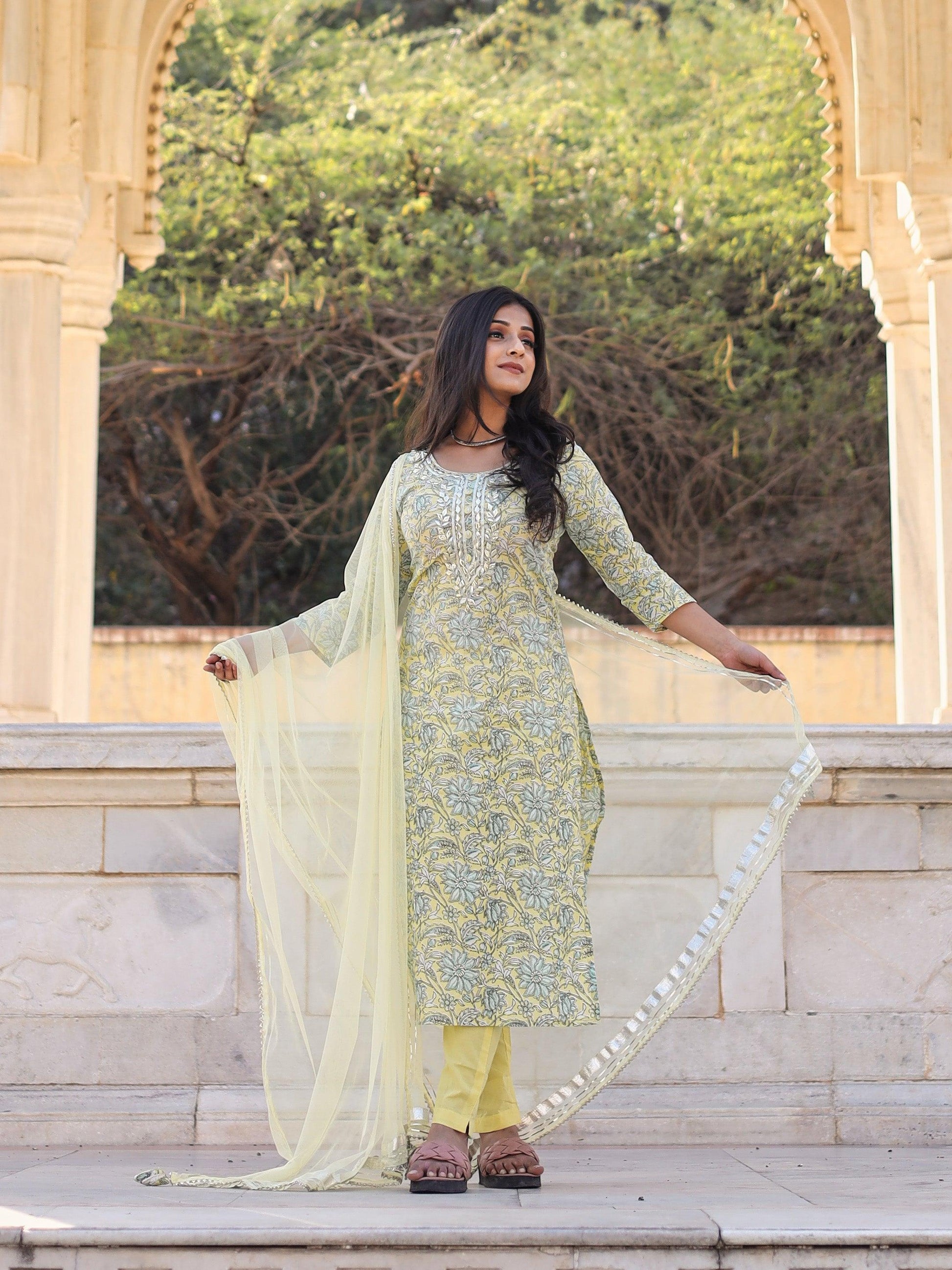  yellow Cotton Straight Kurta pant set with dupatta - world.com