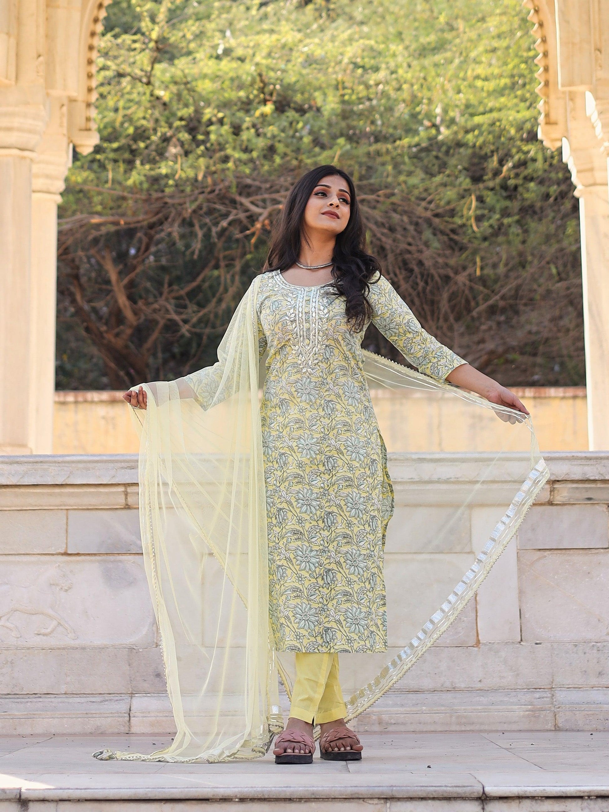  yellow Cotton Straight Kurta pant set with dupatta - world.com