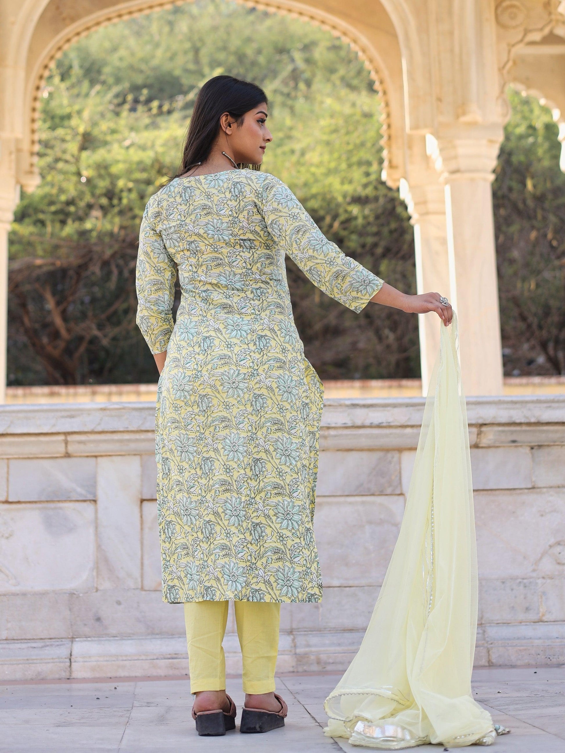  yellow Cotton Straight Kurta pant set with dupatta - world.com