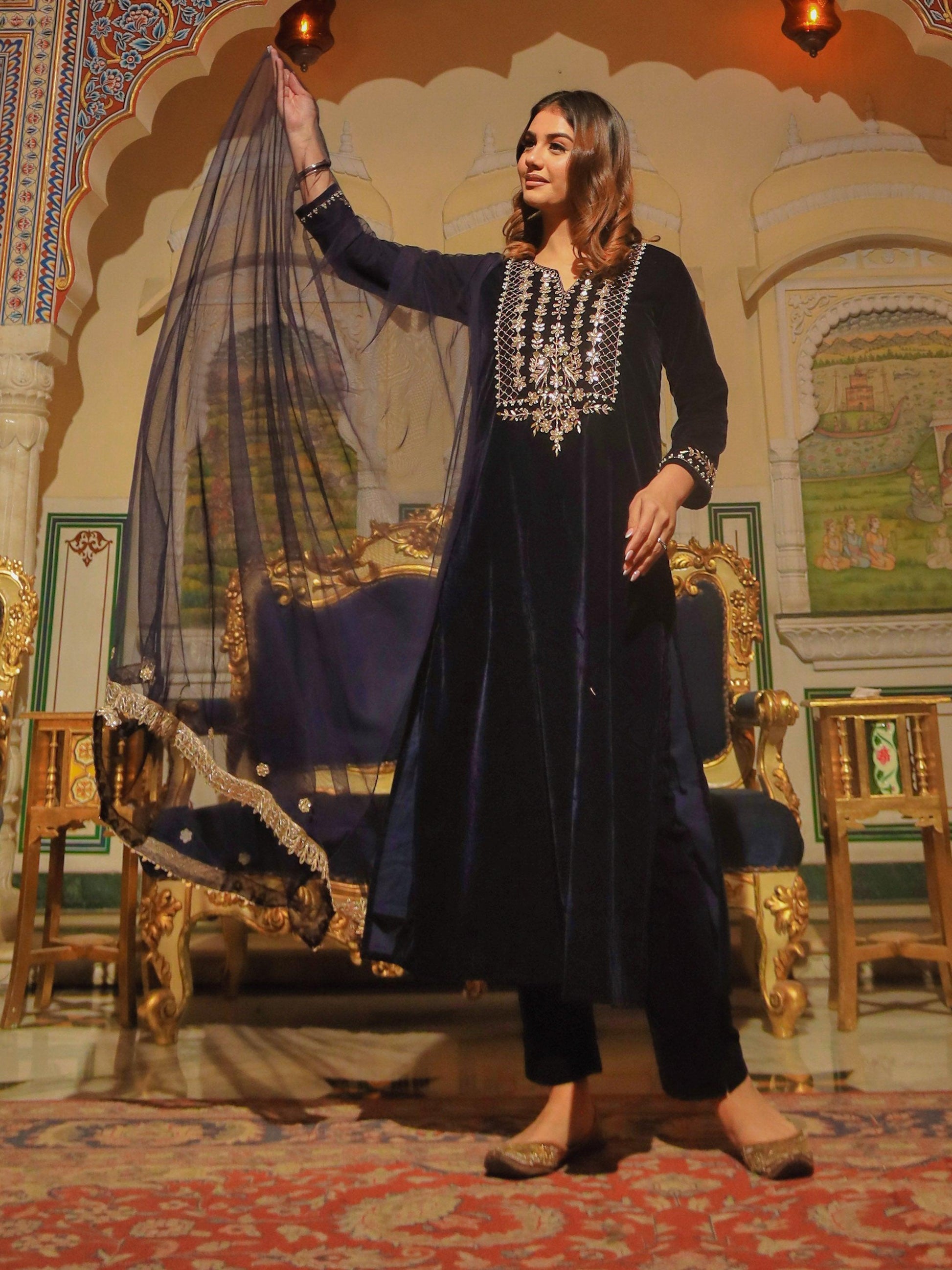  Royal Blue Velvet hand work Kurta pant With Net Dupatta set - world.com