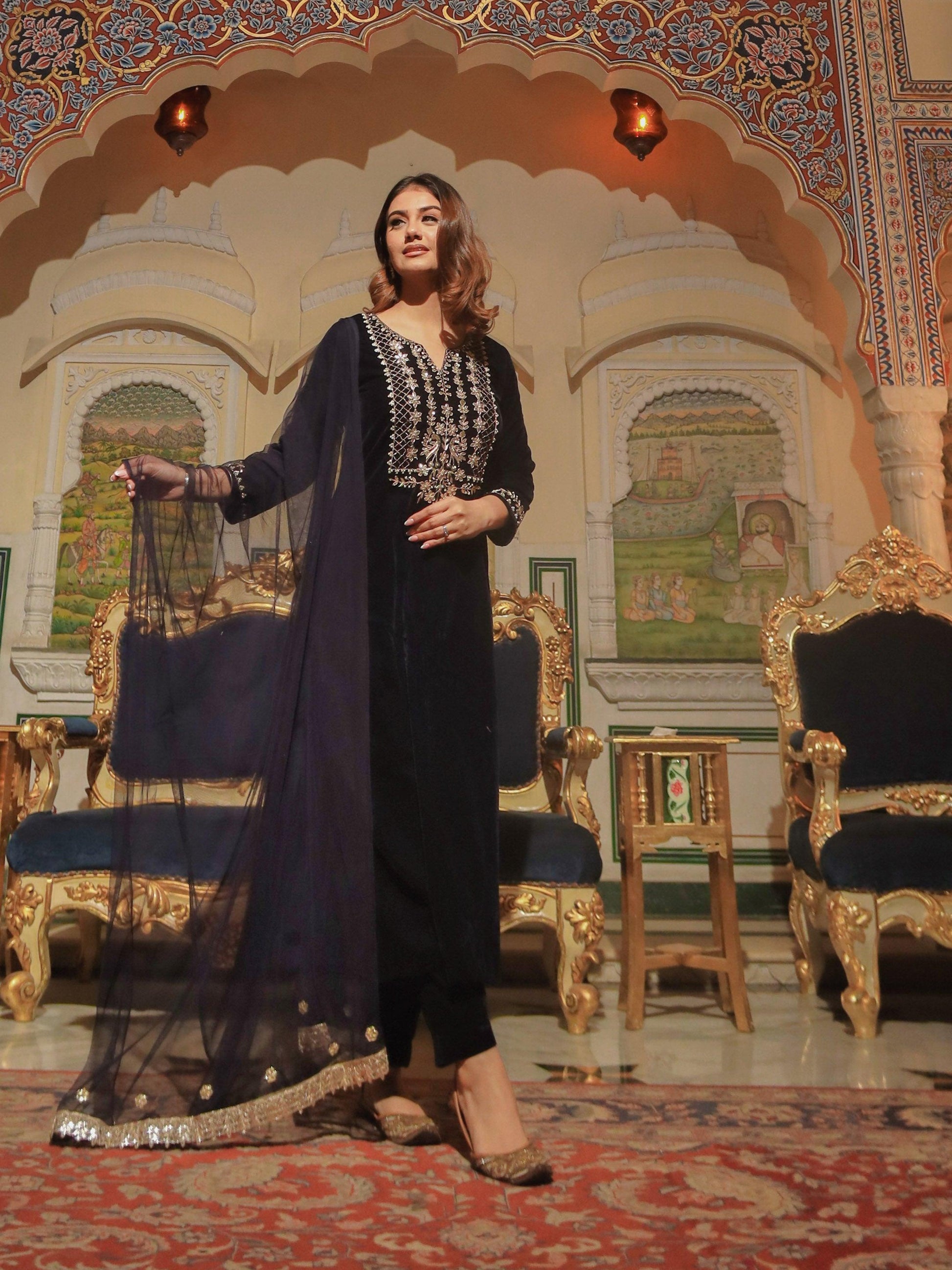  Royal Blue Velvet hand work Kurta pant With Net Dupatta set - world.com