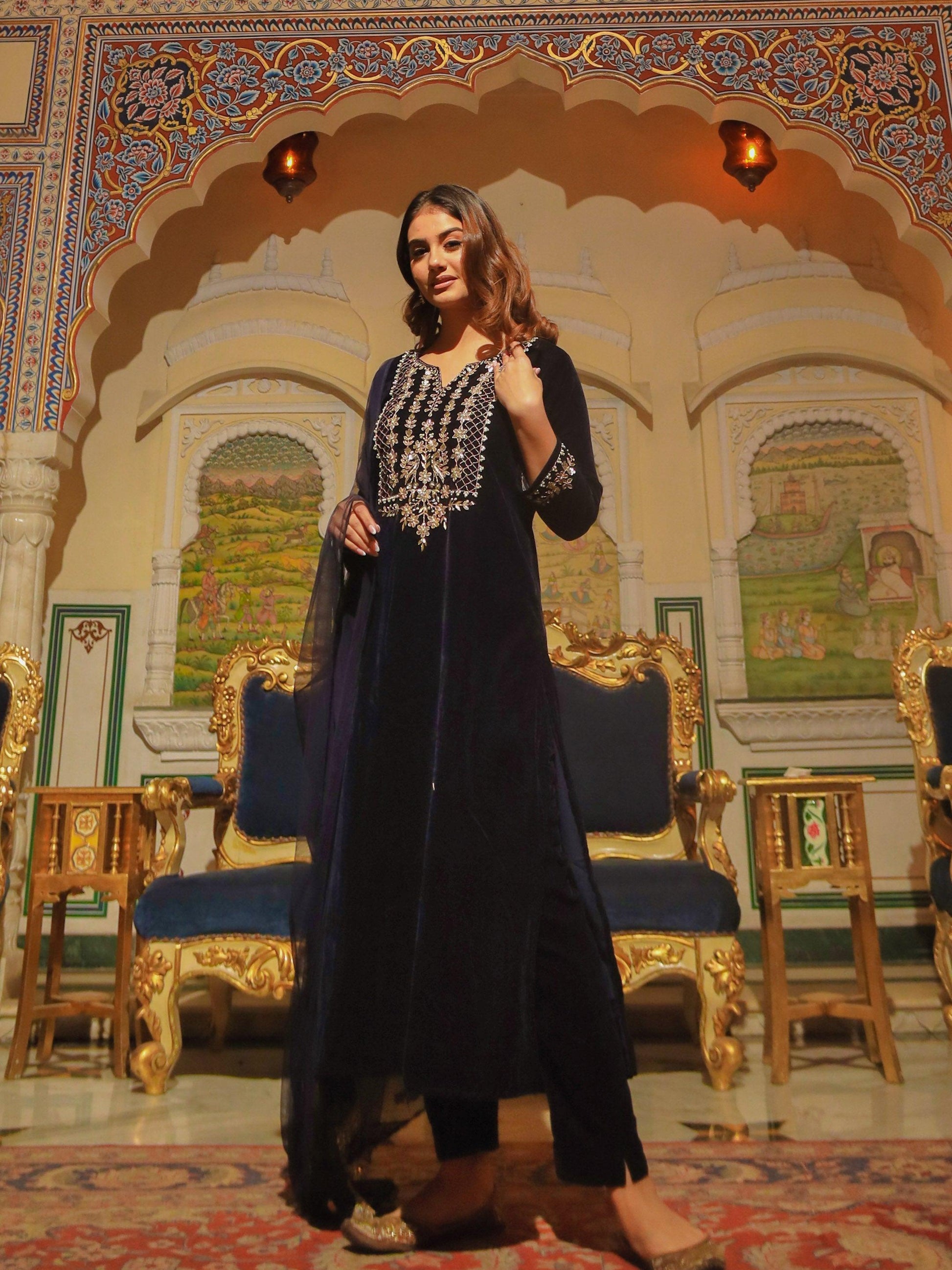  Royal Blue Velvet hand work Kurta pant With Net Dupatta set - world.com