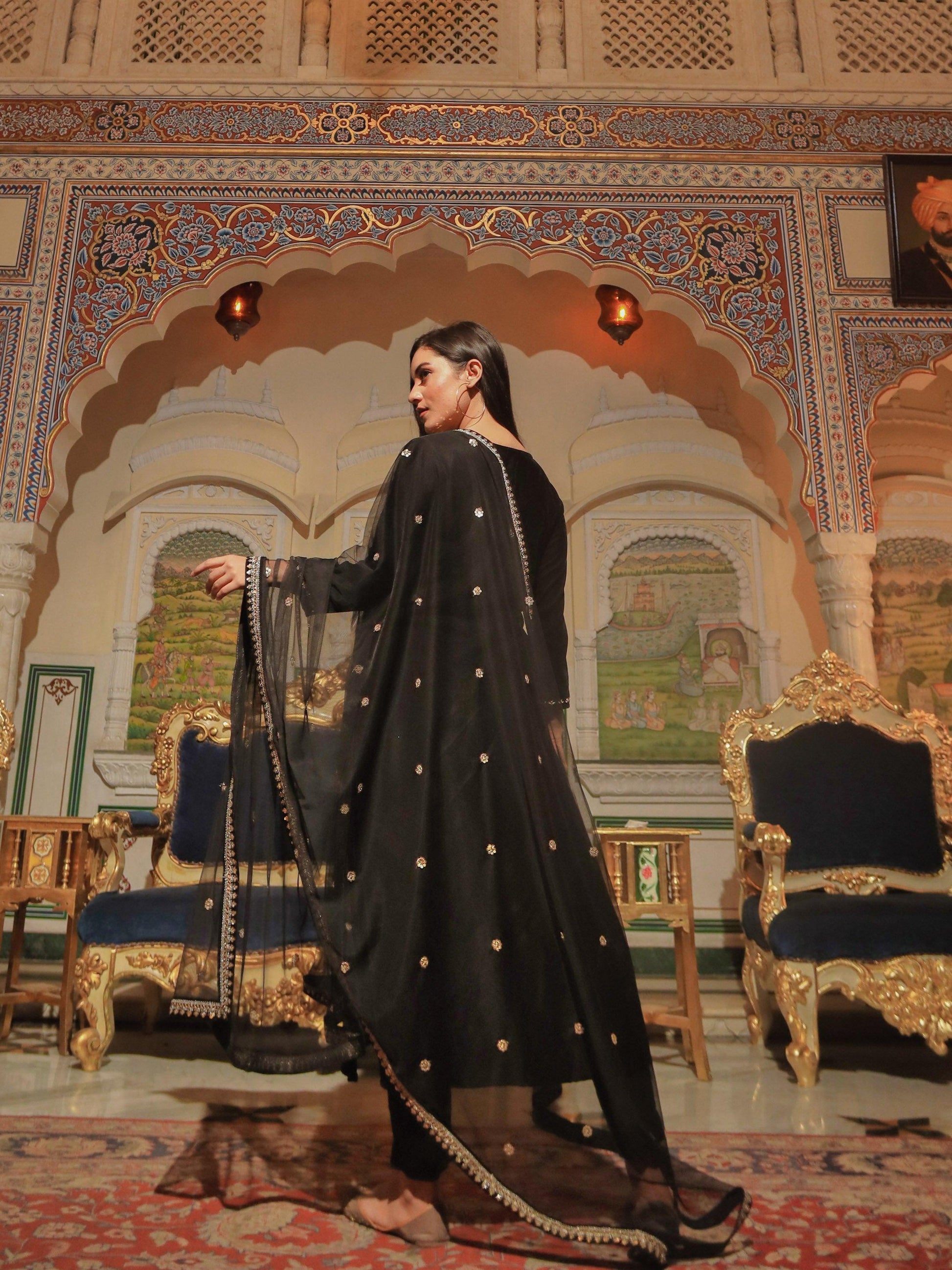  Black Velvet hand work Kurta pant With Net Dupatta set - world.com