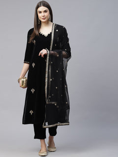 Black Velvet hand work Kurta pant With Net Dupatta set