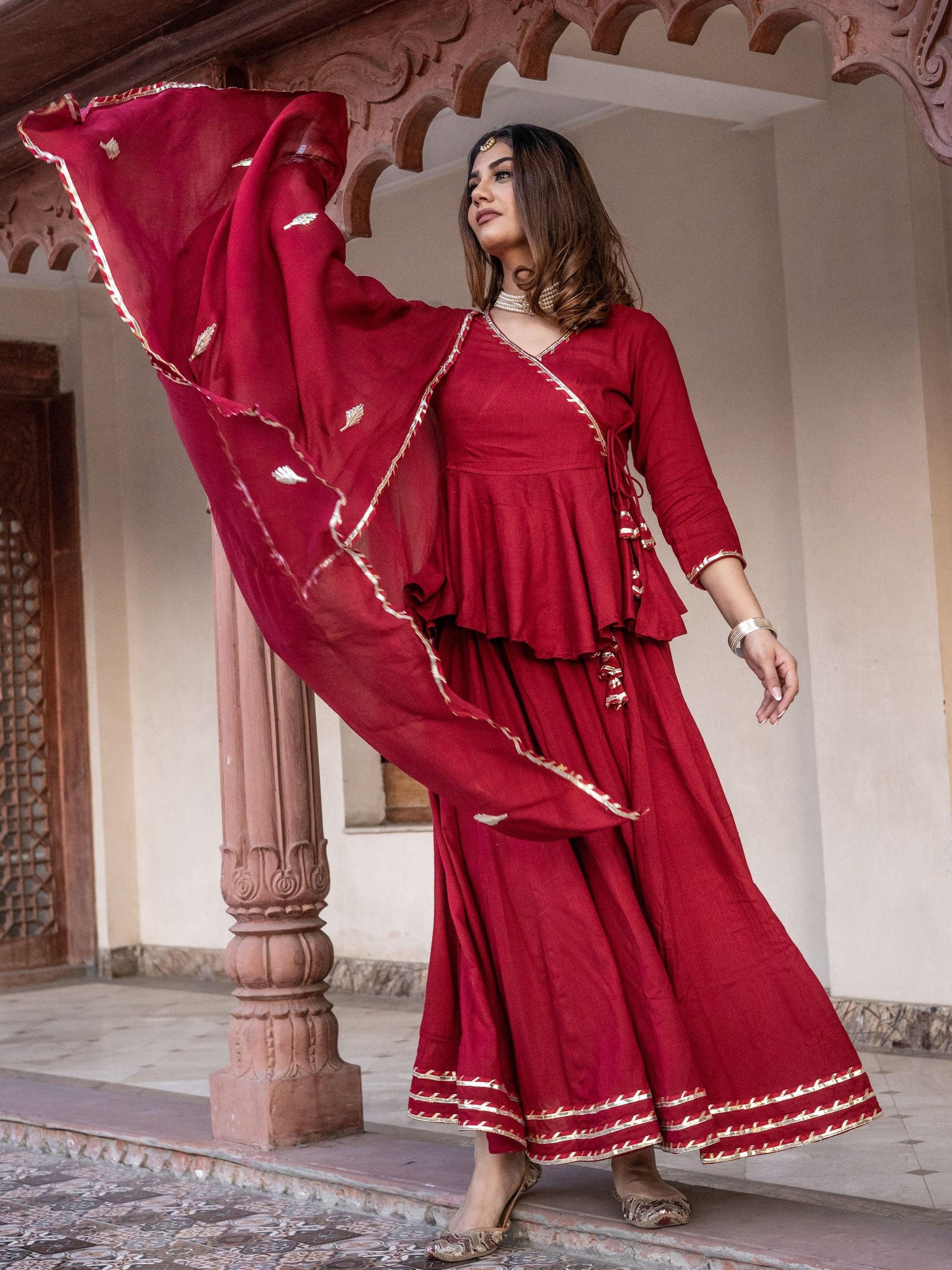 Maroon Gota Hand Work lehenga dupatta set - world.com