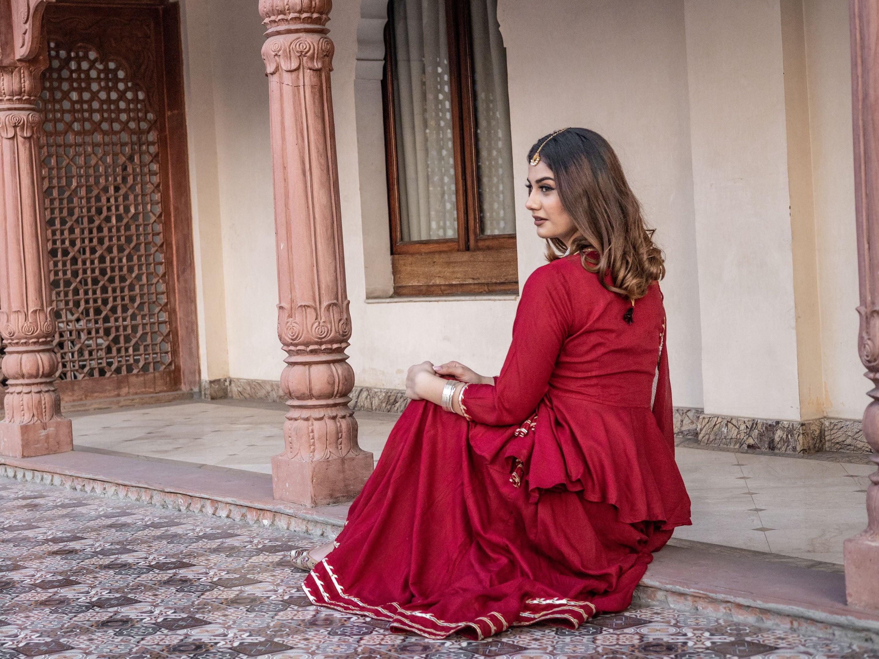  Maroon Gota Hand Work lehenga dupatta set - world.com