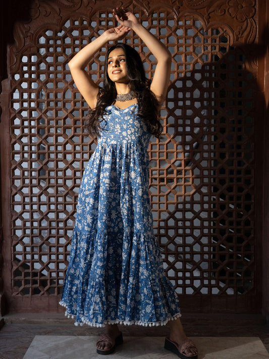  Indigo Floral Printed Shoulder Strip Long Dress - world.com