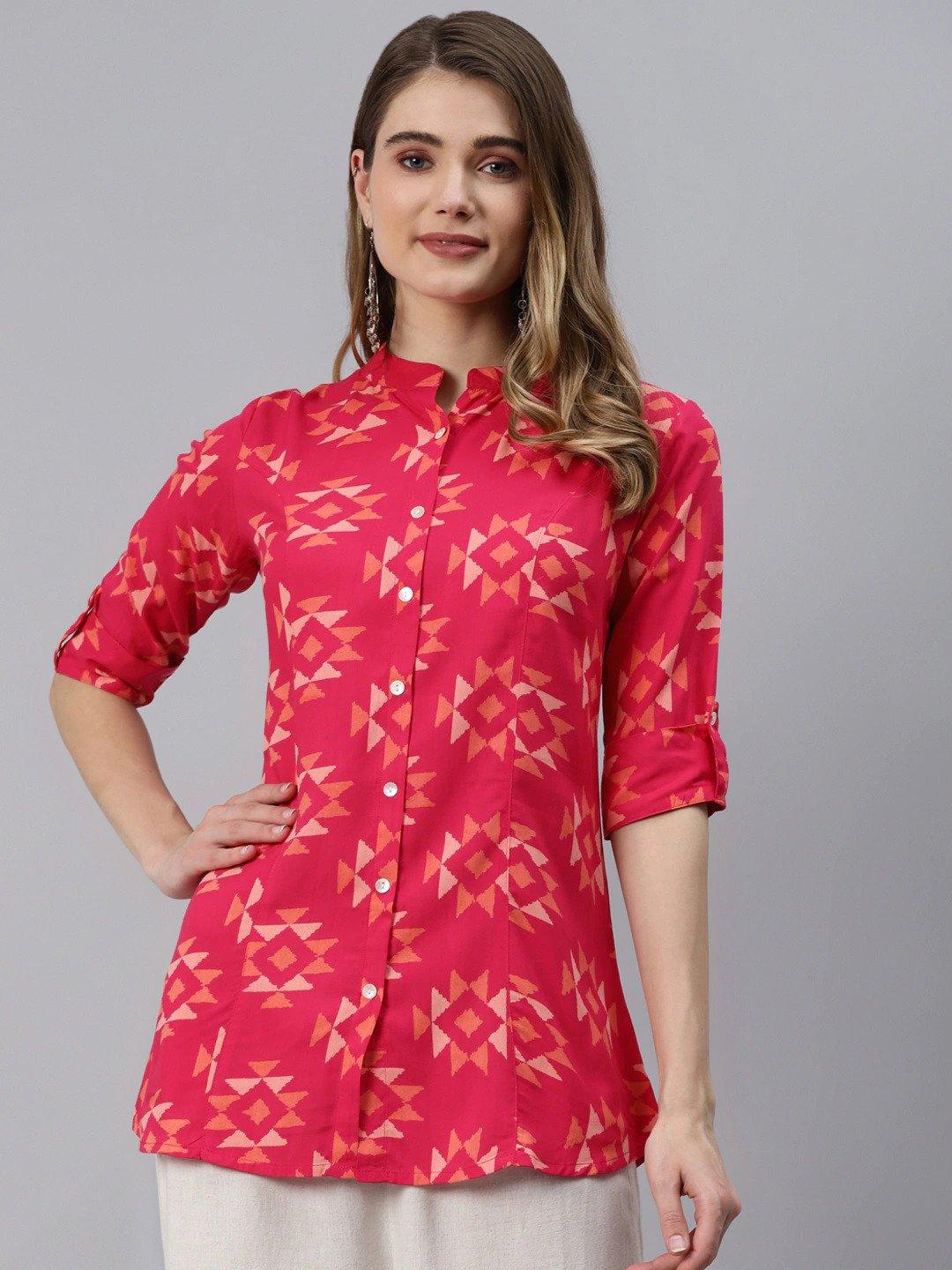  Pink Geometric Print Rayon Shirt Style Top -  world