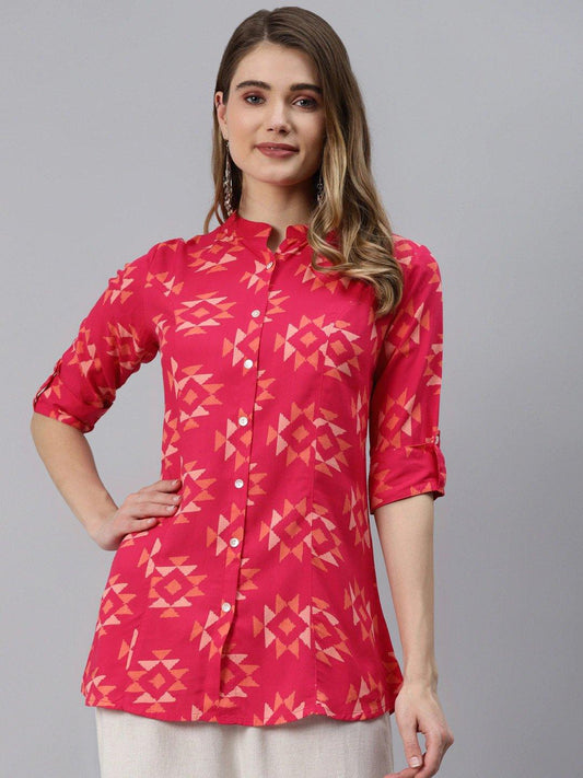  Pink Geometric Print Rayon Shirt Style Top -  world