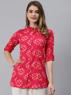 Pink Geometric Print Rayon Shirt Style Top