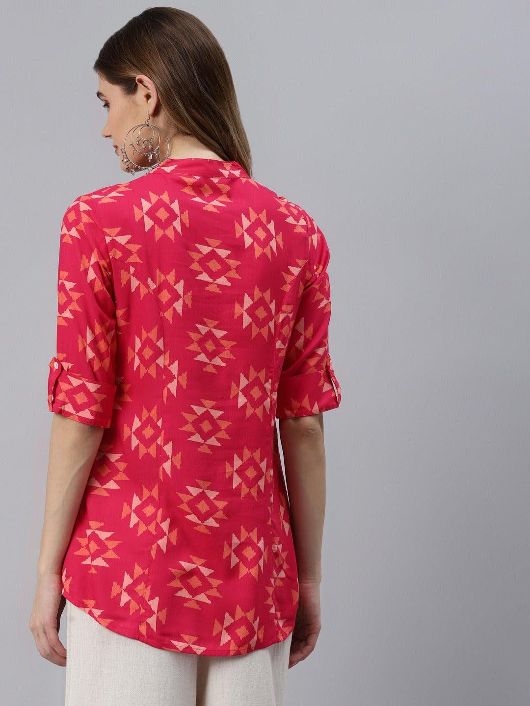  Pink Geometric Print Rayon Shirt Style Top -  world