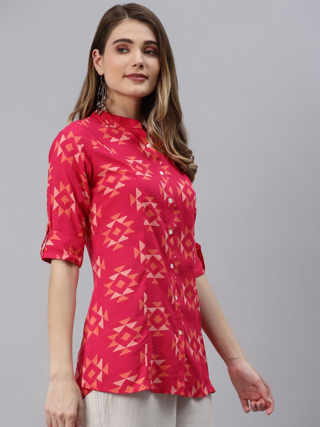  Pink Geometric Print Rayon Shirt Style Top -  world