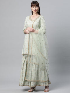 Sea Green Golden Printed Kurta Sharara set with Dupatta