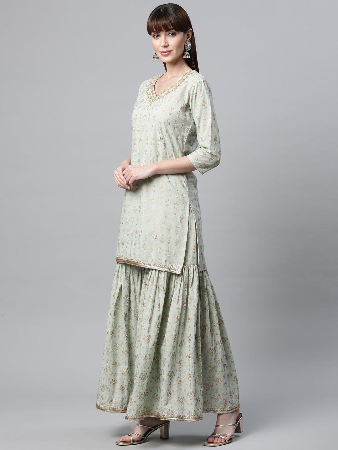  Sea Green Golden Printed Kurta Sharara set with Dupatta -  world
