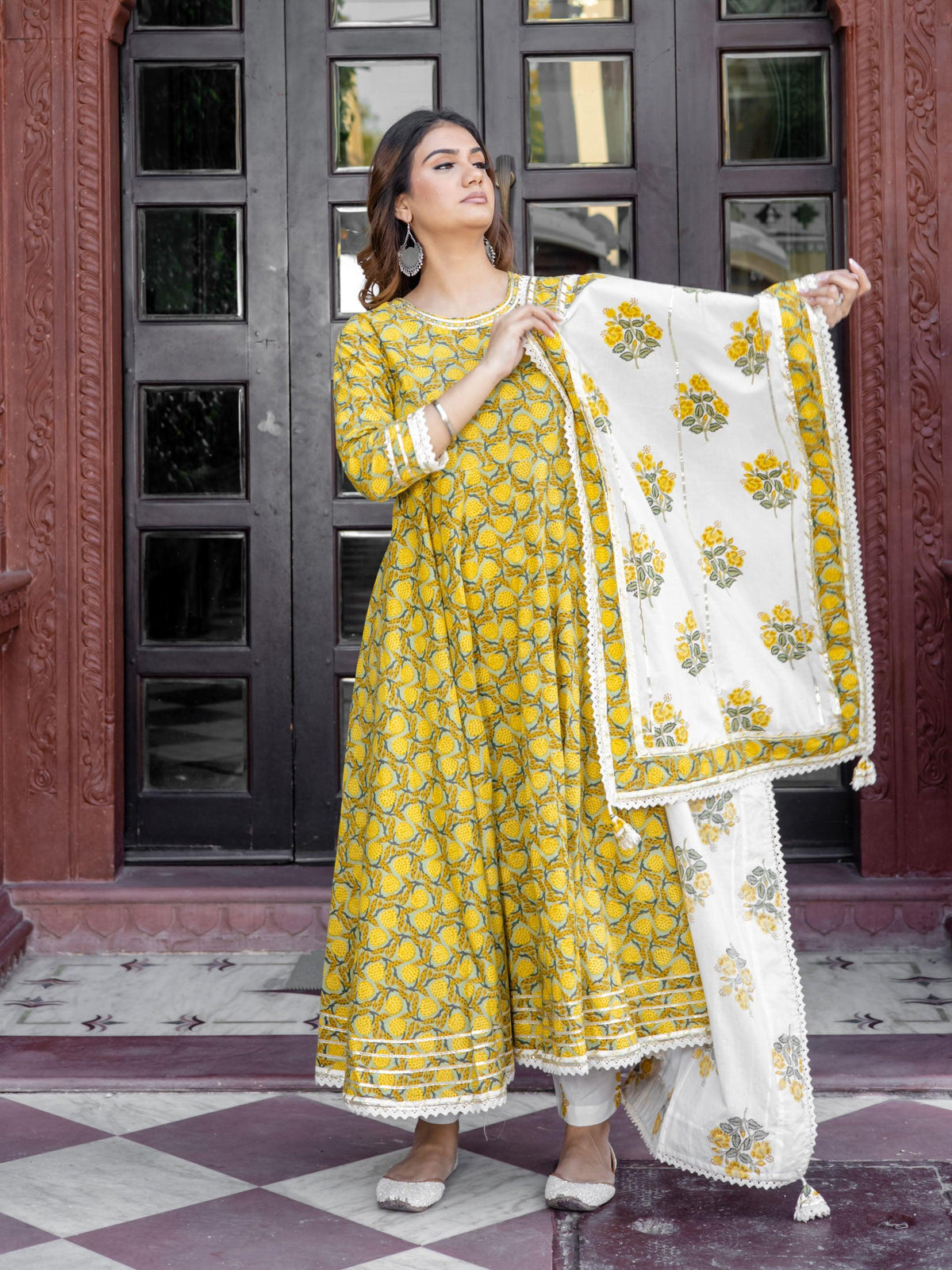  Mustard Cotton Anarkali Kurta Pant Set With Dupatta -  world
