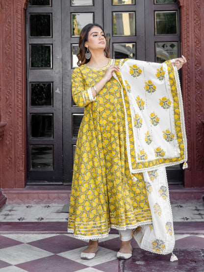  Mustard Cotton Anarkali Kurta Pant Set With Dupatta -  world