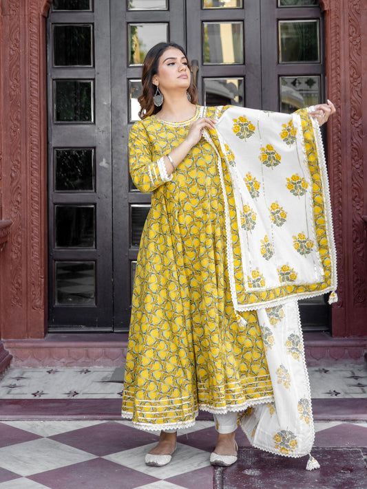  Mustard Cotton Anarkali Kurta Pant Set With Dupatta -  world